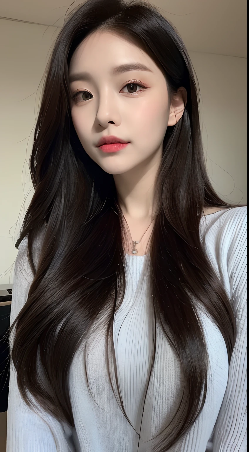 ((Realistic lighting、top-quality、8K、masterpiece:1.3))、Clear focus:1.2、1girl in、flawless beauty:1.4、、Neat and clean clothing、One-piece clothes、Superfine Face、Narrow-eyed、二重まぶた、lighting like a movie、photos realistic、28 year old、Face like a K-pop idol、white backgrounid、Gray background、Mature Woman、Classy makeup、Angle of pull、length hair、Longhaire、Long hair、Straight hair、Korea person、Rolled hair