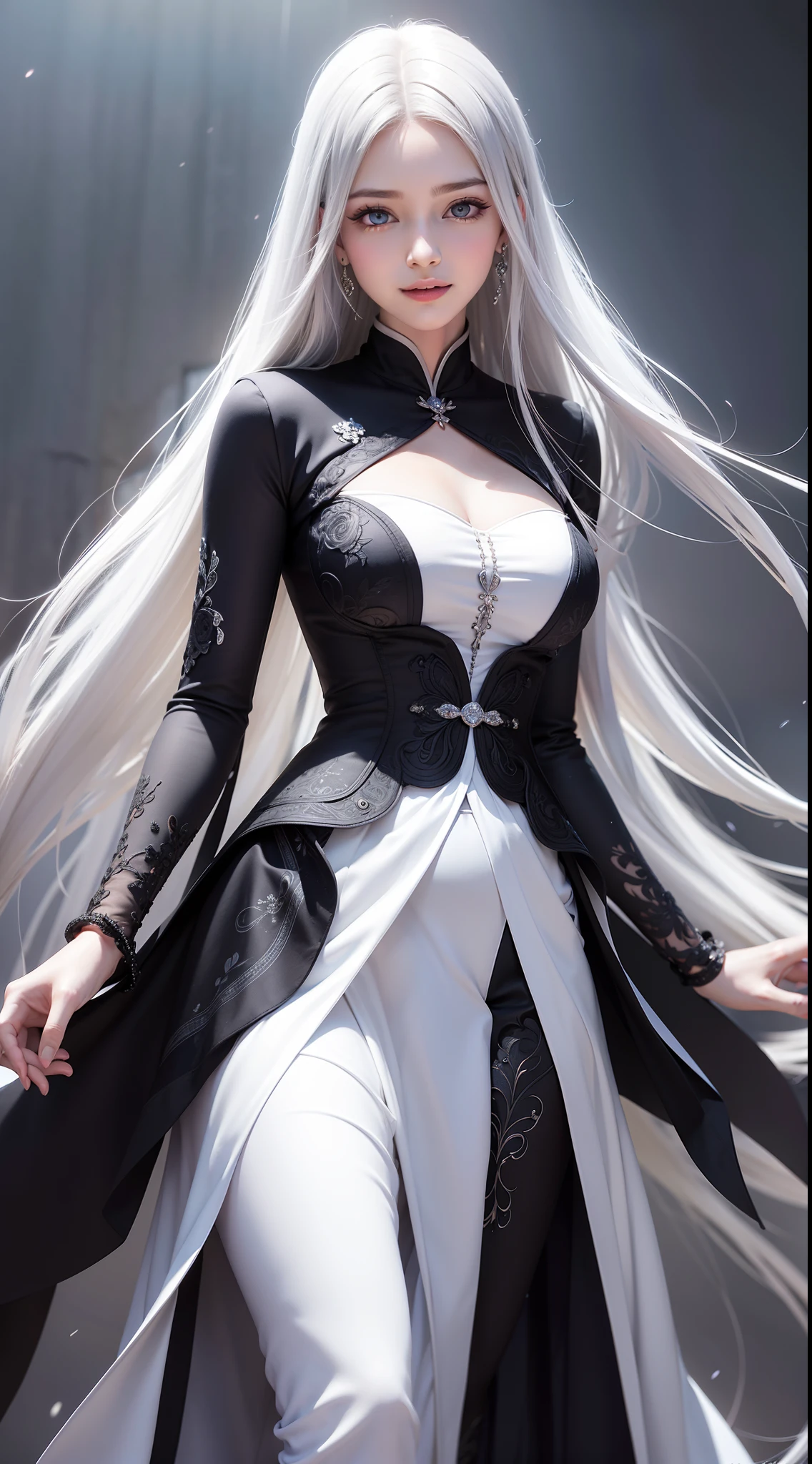 Beautiful detailed woman,very detailed eyes and faces, A detailed eye, ultra - detailed, A high resolution, The is very detailed,best qualtiy,illustratio,unified,8k 壁纸,tmasterpiece,best qualtiy,1girll,looki at viewer,face to the viewer,Flowing white hair,Long gray hair,black long dress,fond violet,abstract backgrounds:gorgeous,spark of light,Random dynamic pose,Enticing smile,Surreal 8000 grams,Impeccable,tmasterpiece,professionalartwork,famousartwork,电影灯光,cinematicbloom,Perfect face,beautifulface,fanciful,dream magical,Not real,intricately details,delicate patterns