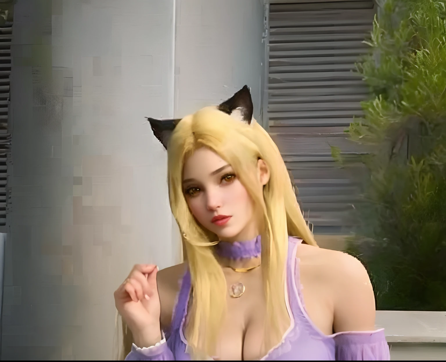 Mulher loira na roupa roxa com orelhas de gato e cauda, gato atraente, como personagem em tekken, gatinha, Tifa Lockhart com cabelos brancos, meninato, mulher com orelhas de gato, gatinha jovem bonita, Serafim Ahri KDA, menina com o de gato, Woman / cat hybrid, Faye Valentim, Tifa Lockheart glamourosa, orelhas de gato