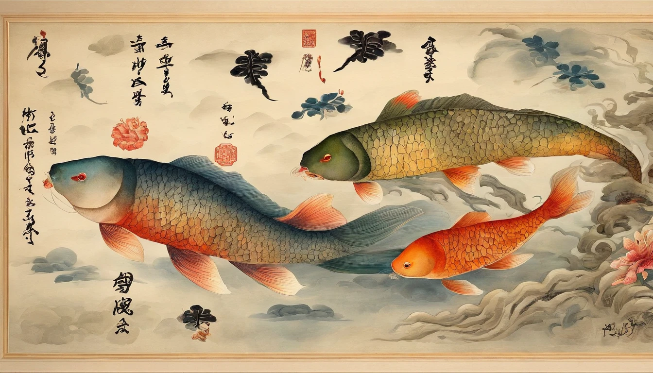 Outstanding art:1.9,Unsigned ink painting of a koi,The body of the carp is based on red,blue colors、black in color、Green decoration is embellished,Enhance the line stroke weight variation of a picture,Very artistic brushstrokes,Each section is orange、White Chinese dark eight immortal pattern,Lotus texture,Sword texture,Yin-Yang plate texture,Flute texture,Top official digital art,s fractal art,Mathematical formula algorithm art,Inspired by traditional Chinese auspicious textures,Inspired by Dunhuang murals,Inspired by hair growth