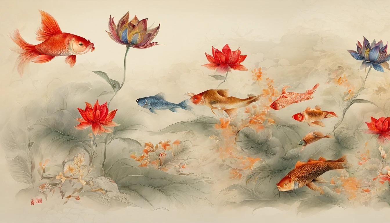 Outstanding art:1.9,Unsigned ink painting of a koi,The body of the carp is based on red,blue colors、black in color、Green decoration is embellished,Enhance the line stroke weight variation of a picture,Very artistic brushstrokes,Each section is orange、White Chinese dark eight immortal pattern,Lotus texture,Sword texture,Yin-Yang plate texture,Flute texture,Top official digital art,s fractal art,Mathematical formula algorithm art,Inspired by traditional Chinese auspicious textures,Inspired by Dunhuang murals,Inspired by hair growth