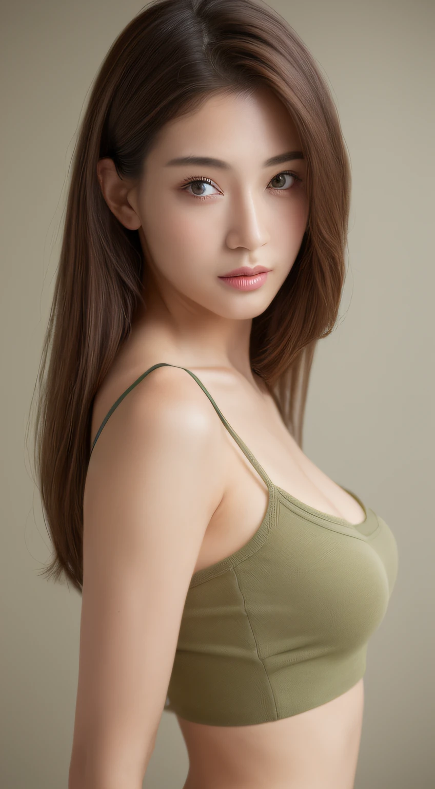 ((top-quality、8K、masterpiece:1.3))、posterior view、Beautuful Women、1girl in、Beautiful breasts:1.3、Slender Abs:1.1、Camisole、Bat angle from background、Semi-long、Brown hair、