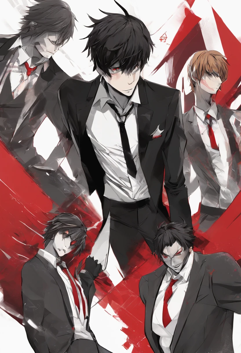 Trio of suit and tie, dynamic pose, horny expression, exposed clevage, with red background,death note style