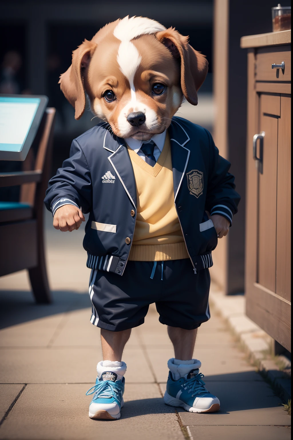 A standing puppy,Wear a sports jacket