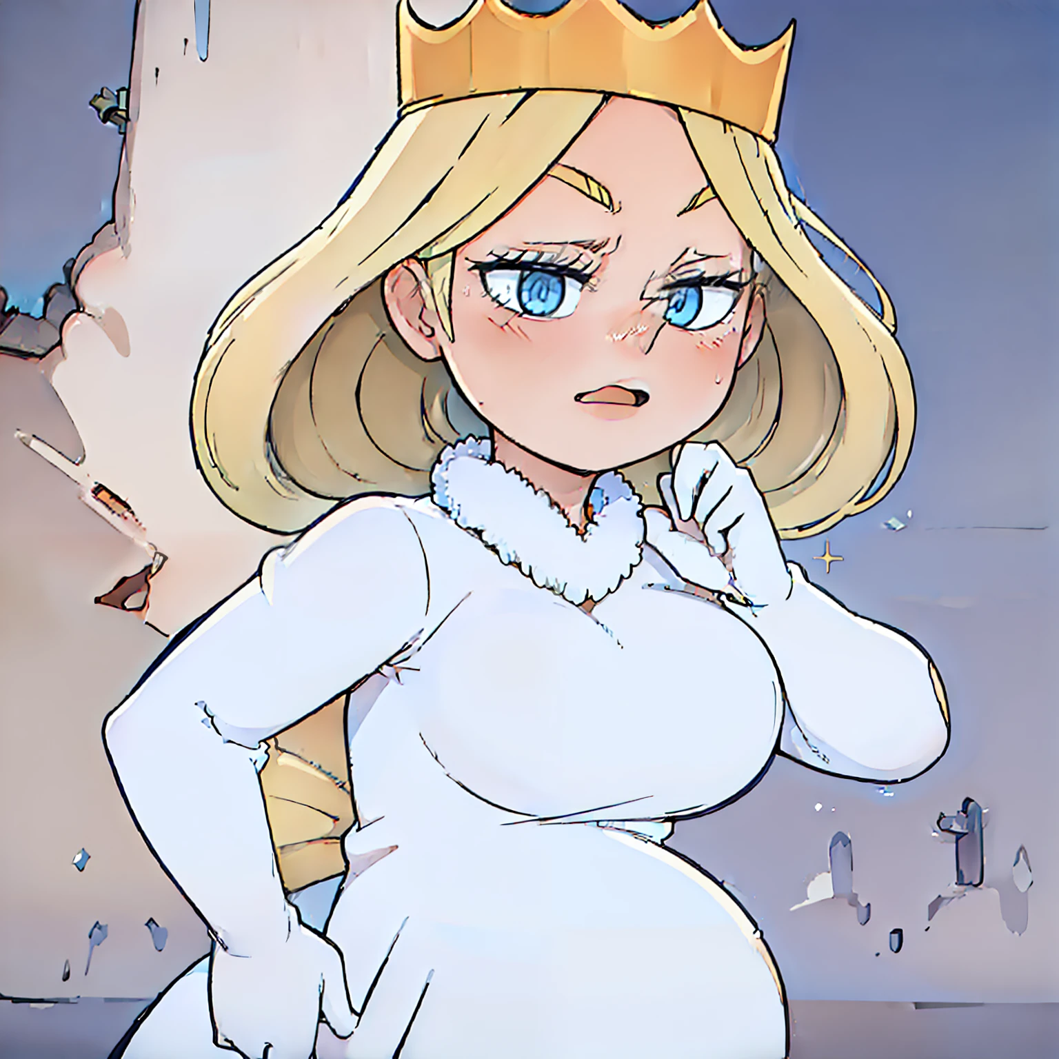 Queen Hilling,
1girl, blonde hair, blue eyes, big breasts, crown, dress, gloves, pointy nose, queen, red victorian dress, white fur tuft, solo, white background, white gloves, mature female, beautiful, perfect anatomy, solo, pregnant