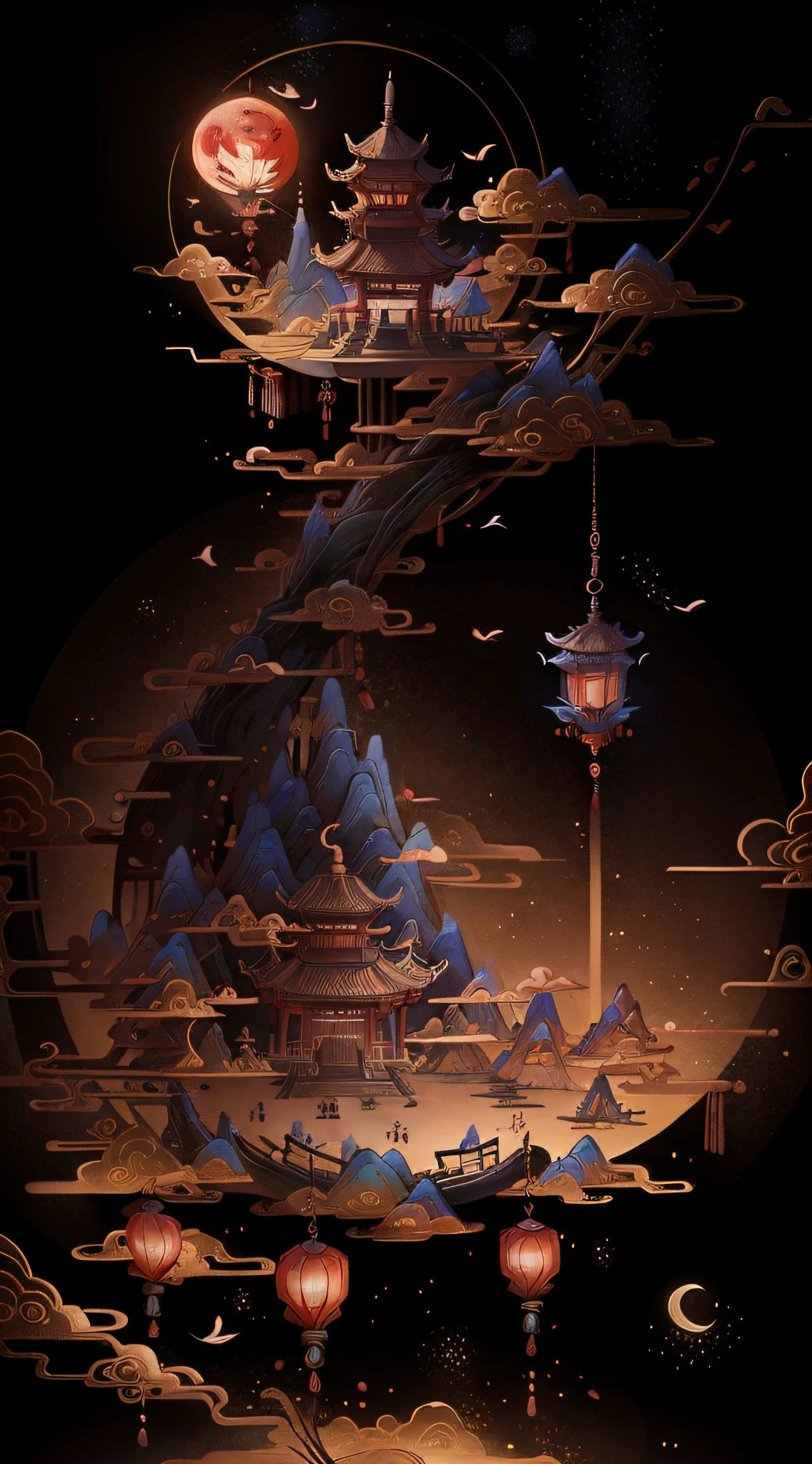 Mid-Autumn Festival,Moon cake, Auspicious clouds, Red lanterns, Exquisite ancient Chinese architecture, In the background is a huge moon, With vector line illustration, amarelo、Red and dark blue tones, Abstract picture, No Man,No Man,No Man,surrealism, Clear background trends, clear contour light, Edge light, fantasy, Dappled light, Flat illustration,Disney style, 8K, --AR 9:16 --q 2 --niji 5