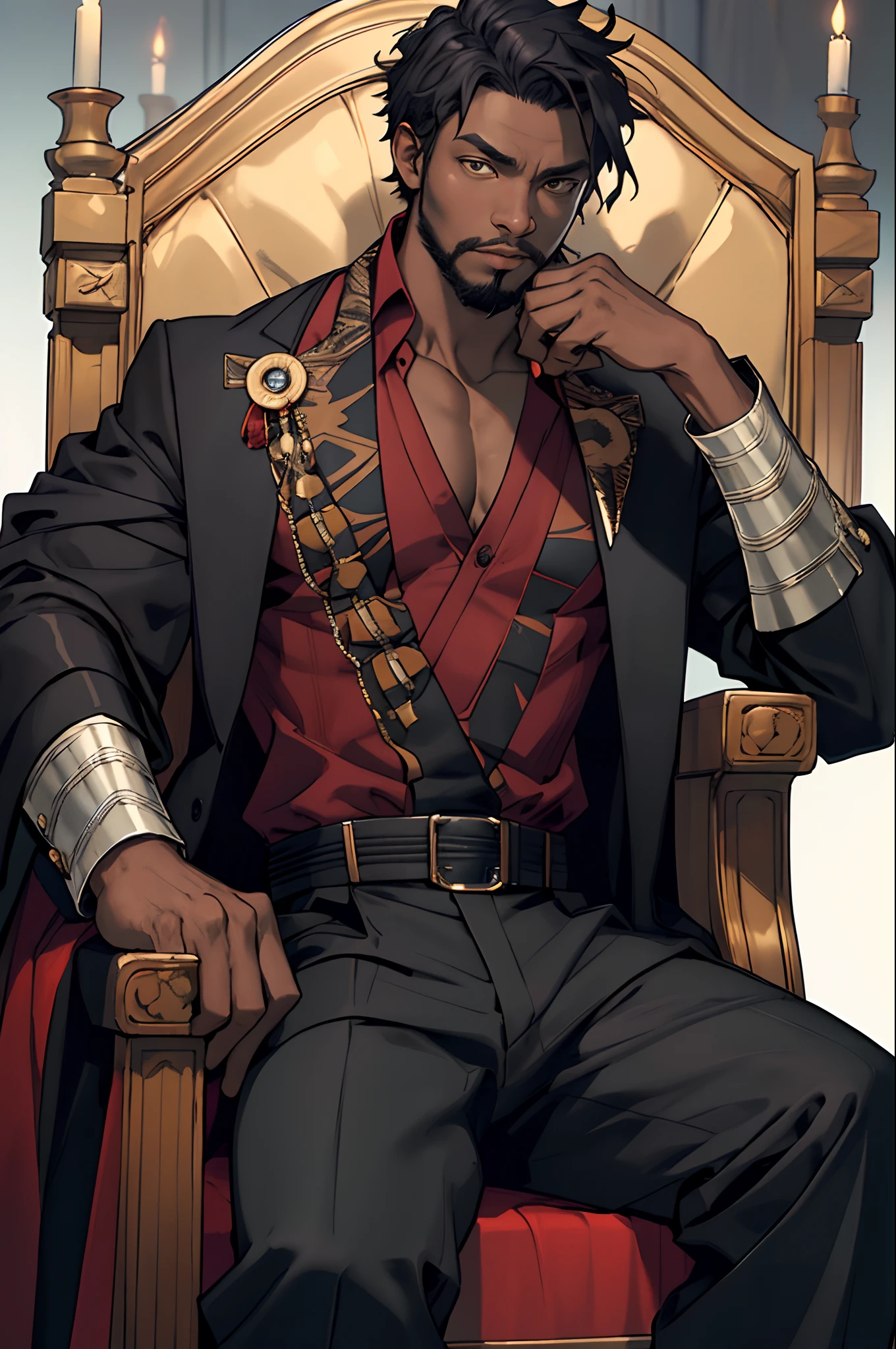 "I am seated on a regal king's chair with a black panther behind me. I am dressed in a sharp pant and coat, with two buttons of my shirt casually undone. The scene should exude a cinematic vibe. Realistic