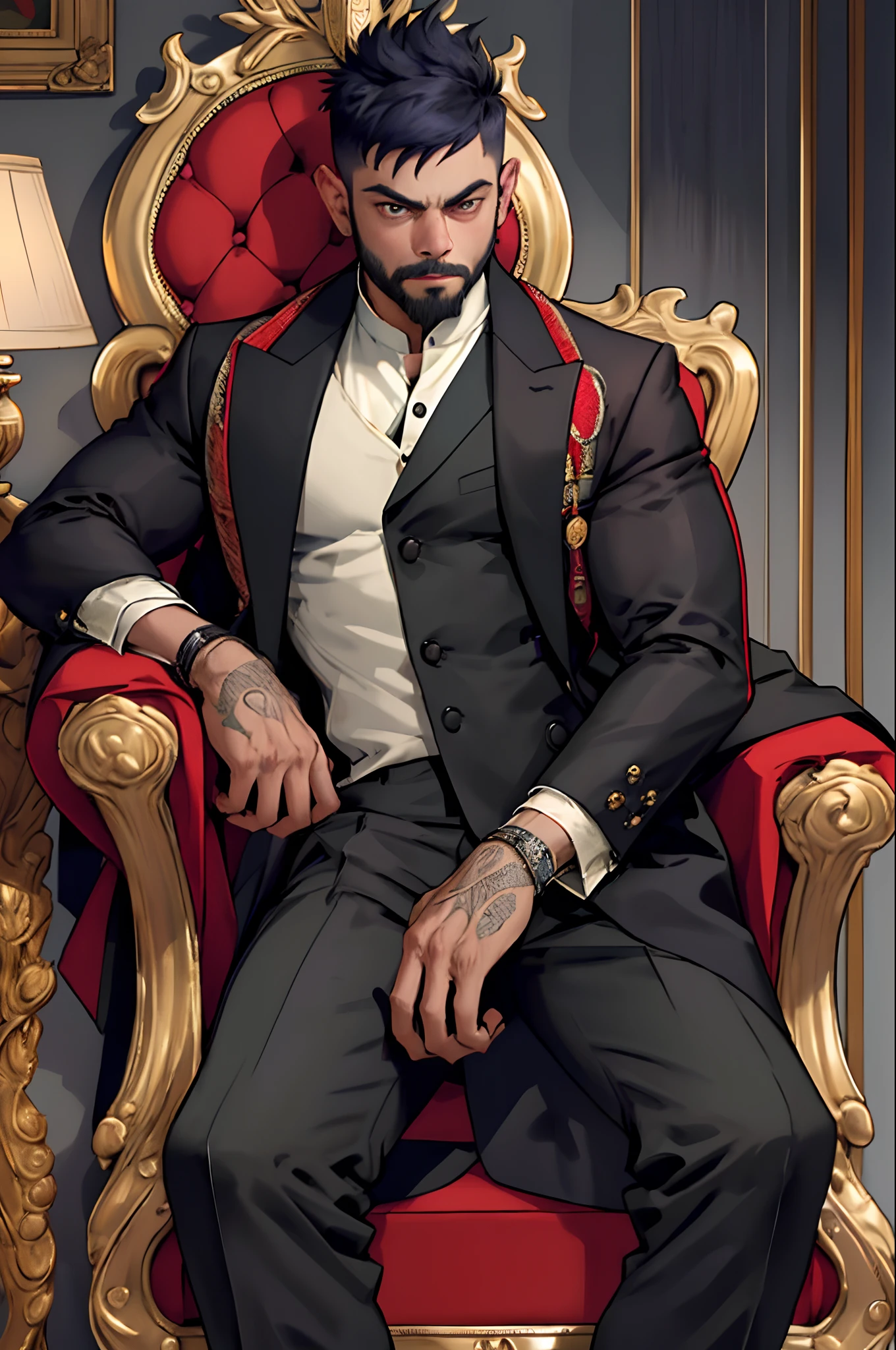 Virat kohli seated on a regal king's chair with a black panther behind him. He dressed in a sharp pant and coat, with two buttons of his shirt casually undone. The scene should exude a cinematic vibe. Realistic