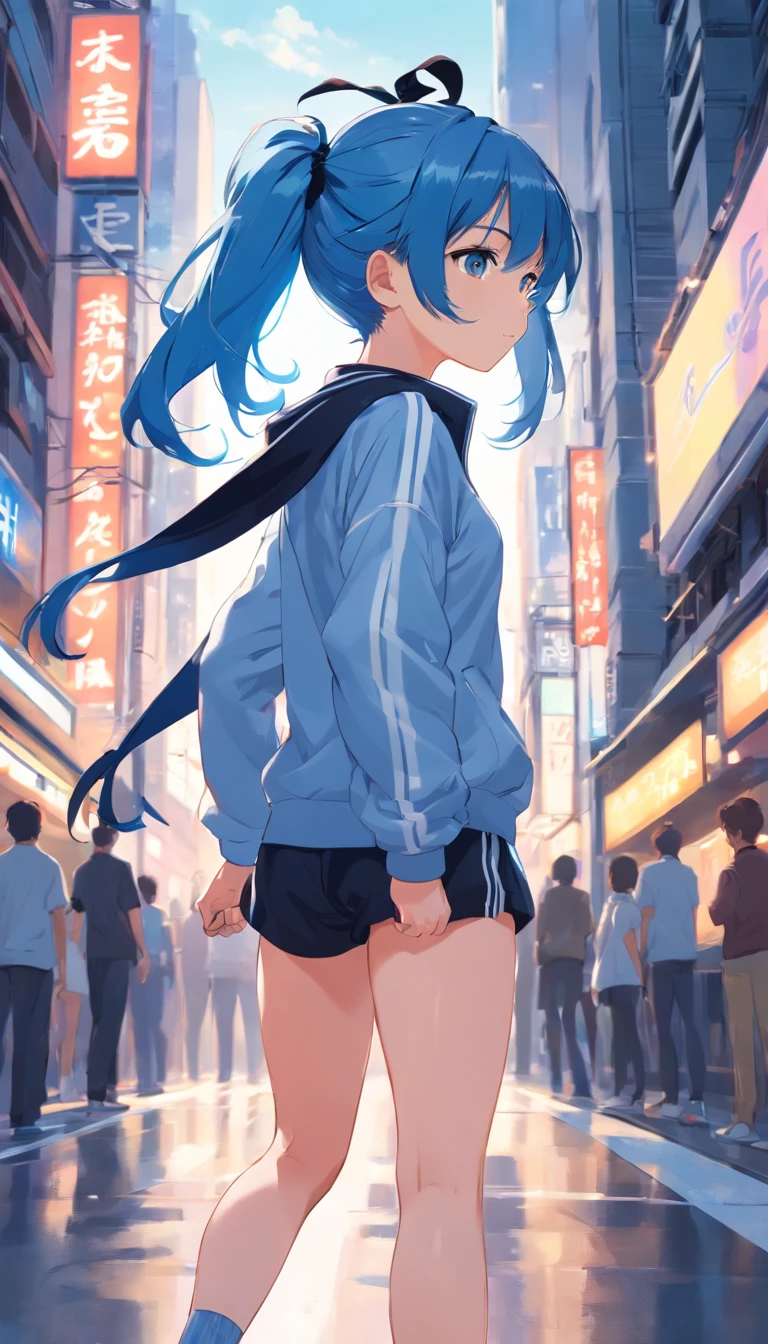 teens girl,Blue hair with double ponytail,Height 165,Black ribbon,White and blue tracksuits,Black leg dress