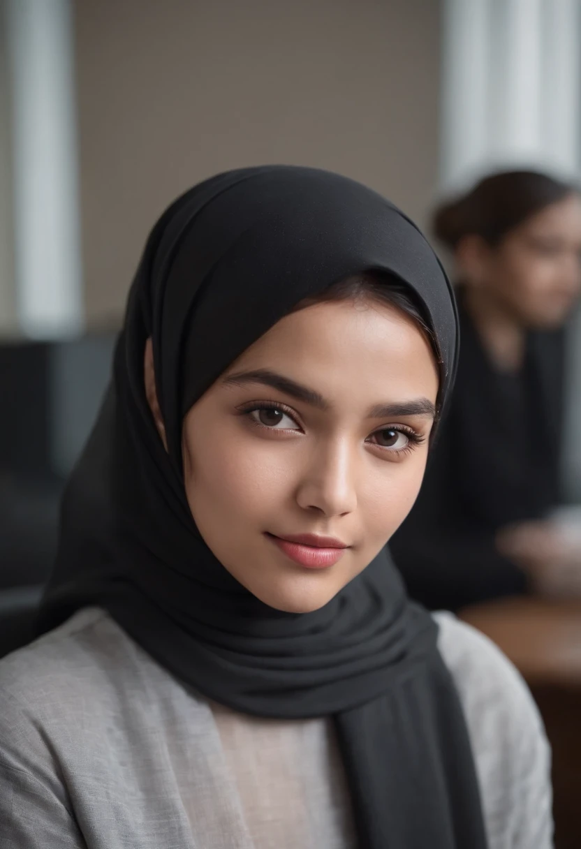 Photo portrait of a beautiful Malay girl wearing a hijab and dimples, around 21 years old, sitting on desk in the office, (plain grey hijab), (plain black cloth), (portrait medium shot:1.3), dramatic light, Rembrandt lighting scheme, (hyperrealism:1.2), (8K UHD: 1.2), ( photorealistic:1.2), shot with Canon EOS 5D Mark IV, facial detail, skin texture detail