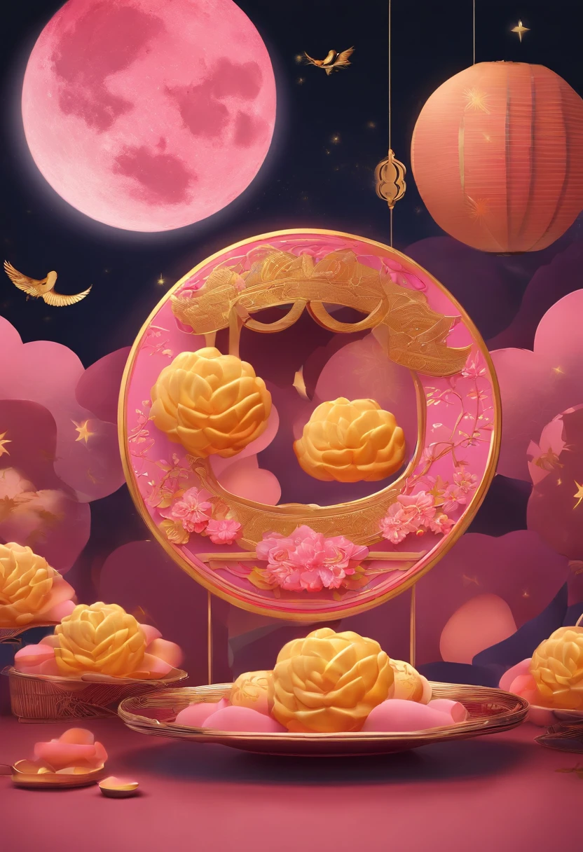 Moon,Moon icon,Two-dimensional style,mid-autumn festival,Moon cake,Gift ribbons,Pink light bar,No Man,No Man