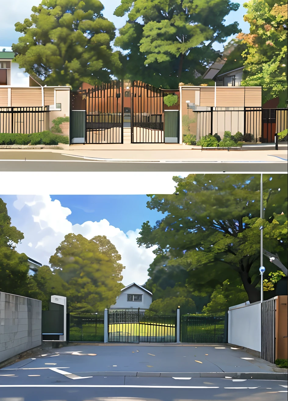 There is a picture of the school with a gate,School gates,Outside the gate
