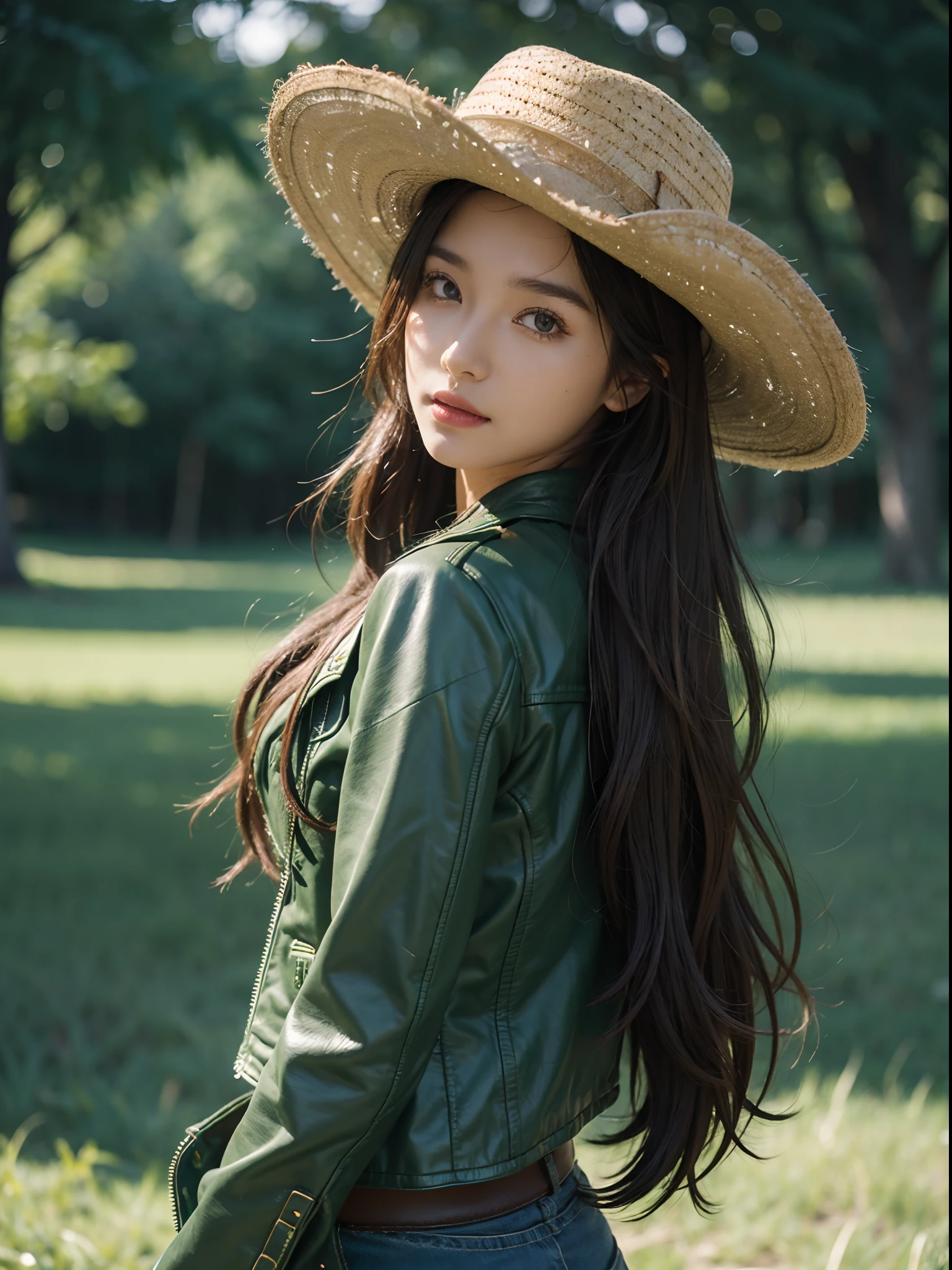 4k hltra hd, mastermiece, best quality, a girl, good face, detailed eyes, detailed lips, long hair, strait hair, wearing cowboy outfit, green leather jacket, green outfit, cowboy hat, blurred background, morning, whole body capture,