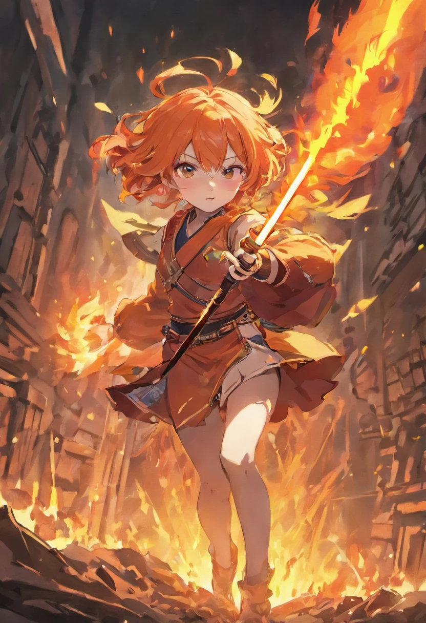 anime girl with orange hair and a sword in a fire, ayaka genshin impact, female protagonist 👀 :8, ayaka game genshin impact, badass anime 8 k, cushart krenz key art feminine, best anime 4k konachan wallpaper, demon slayer rui fanart, female protagonist, holding a flaming sword, detailed anime character art