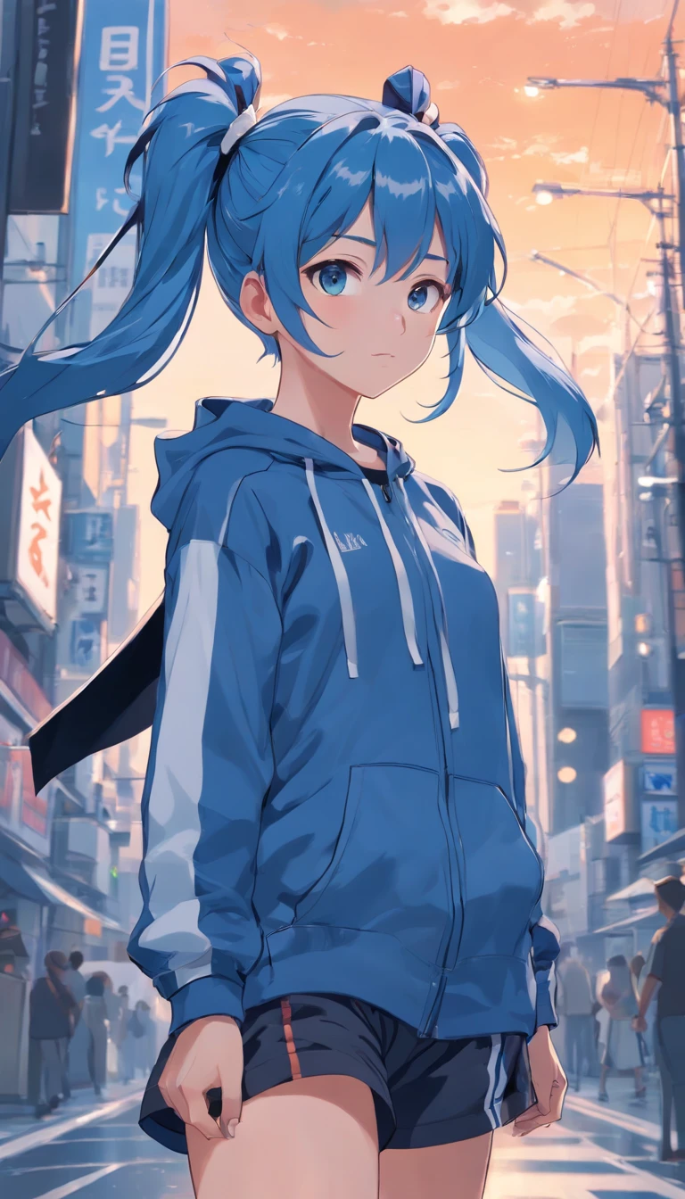 teens girl,Blue hair with double ponytail,Height 165,Black ribbon,White and blue tracksuits,Black leg dress