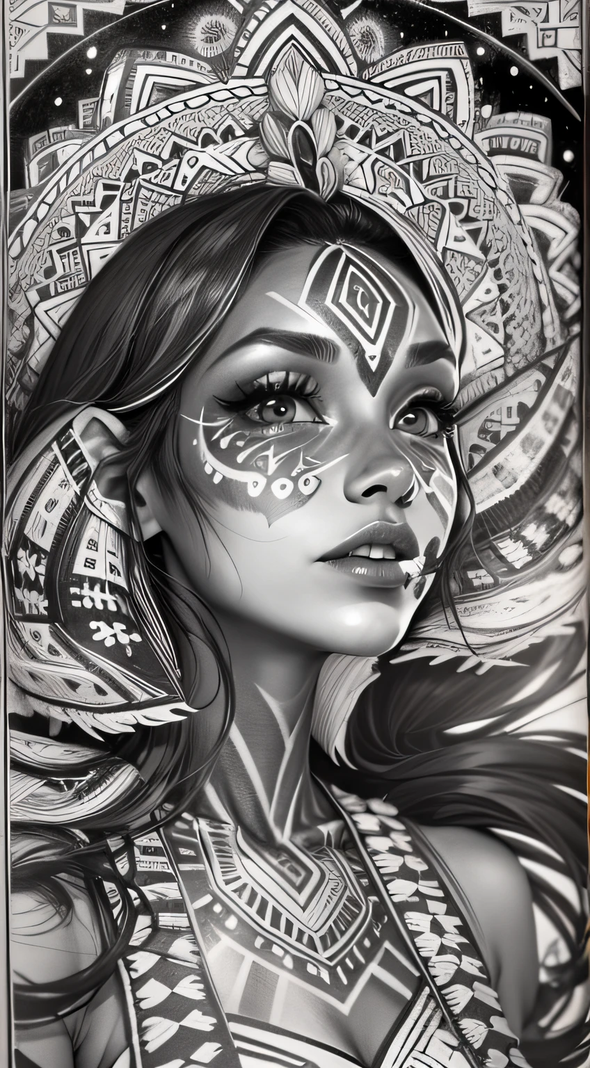 coloring book page, preto e branco, 32k, whole body view, muito bonita tribal marrom pele menina com excesso intrincadamente detalhado vividamente colorido facepaint bodypaint maquiagem, Olhos Deslumbrantes e Radiante, lindos cabelos brancos com destaques, Magic night sky background