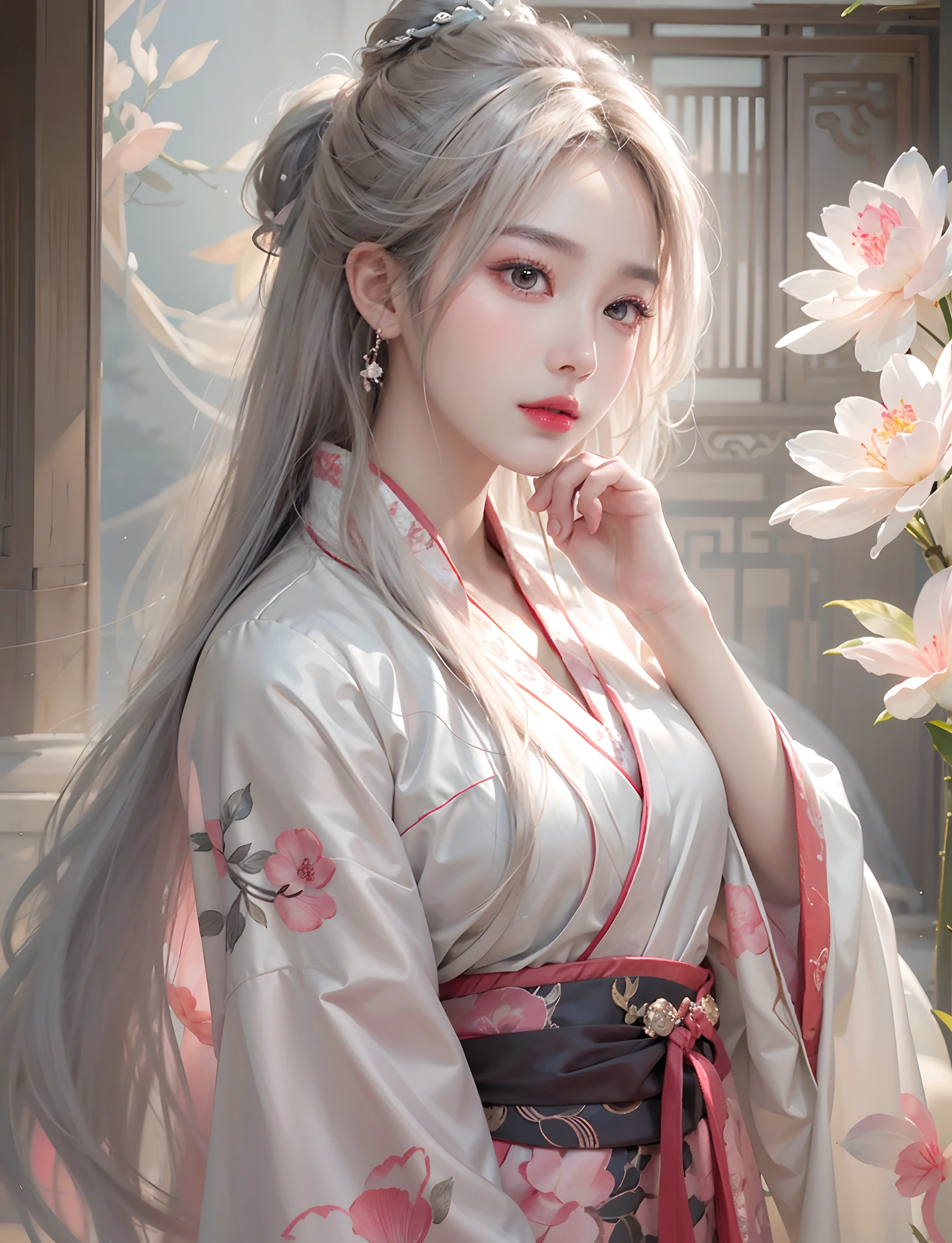 Photorealistic, high resolution, Soft lights, 1womanl, Shiny skin, Fine fine skin, Pink lipstick, Solo, Hips up, view the viewer, (Detailed face), White hair, Long hair, Chinese wedding Hanfu