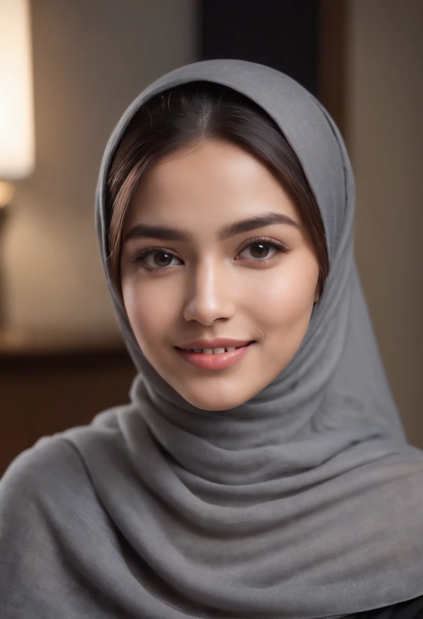 Photo portrait of a beautiful Malay girl wearing a hijab and dimples, around 21 years old, sitting on desk in the office, beautiful smile, (plain grey hijab), (plain black cloth), (portrait medium shot:1.3), dramatic light, Rembrandt lighting scheme, (hyperrealism:1.2), (8K UHD: 1.2), ( photorealistic:1.2), shot with Canon EOS 5D Mark IV, facial detail, skin texture detail
