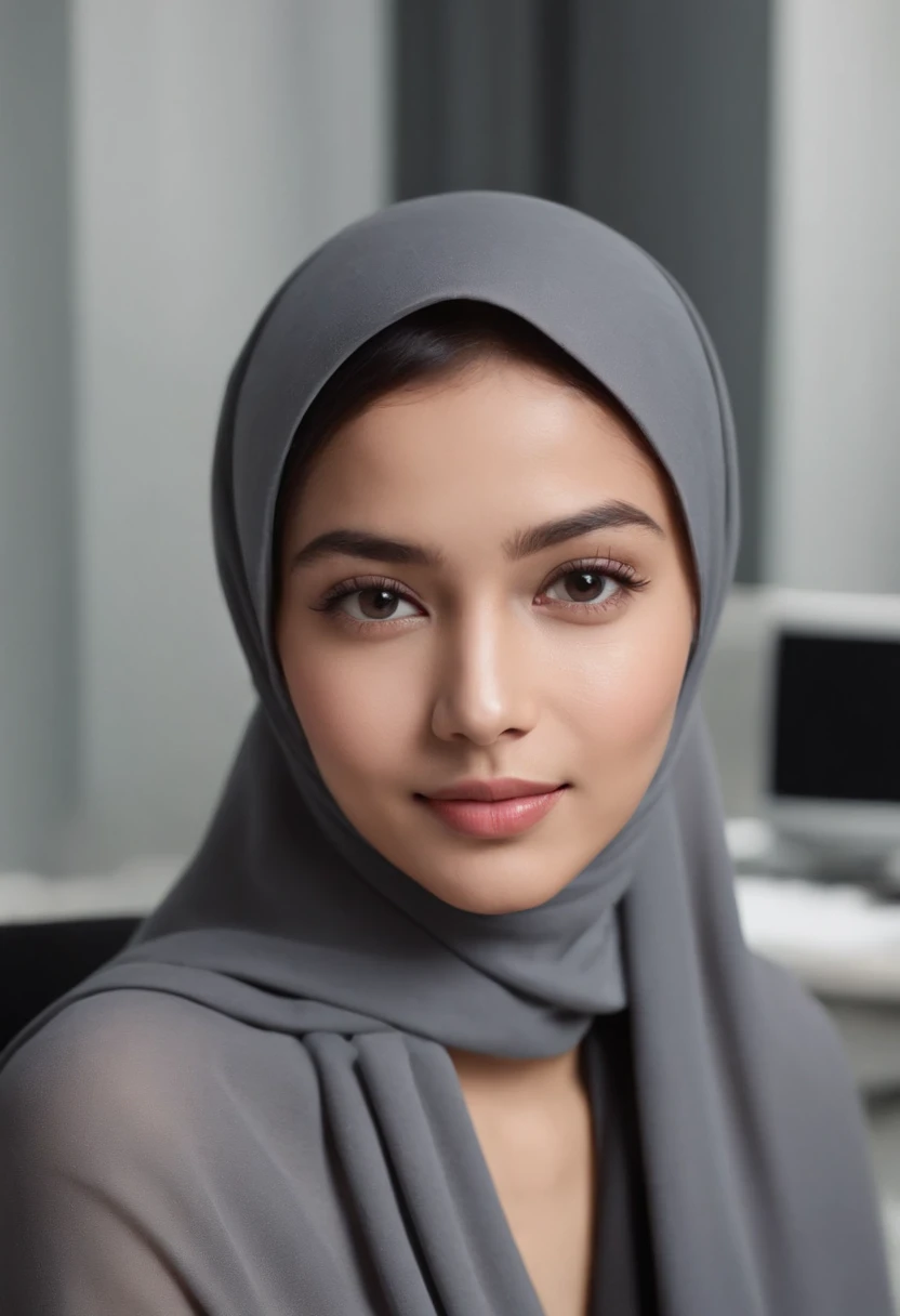 Photo portrait of a beautiful Malay girl wearing a hijab and dimples, around 21 years old, sitting on desk in the office, beautiful smile, (plain grey hijab), (plain black cloth), (portrait medium shot:1.3), dramatic light, Rembrandt lighting scheme, (hyperrealism:1.2), (8K UHD: 1.2), ( photorealistic:1.2), shot with Canon EOS 5D Mark IV, facial detail, skin texture detail