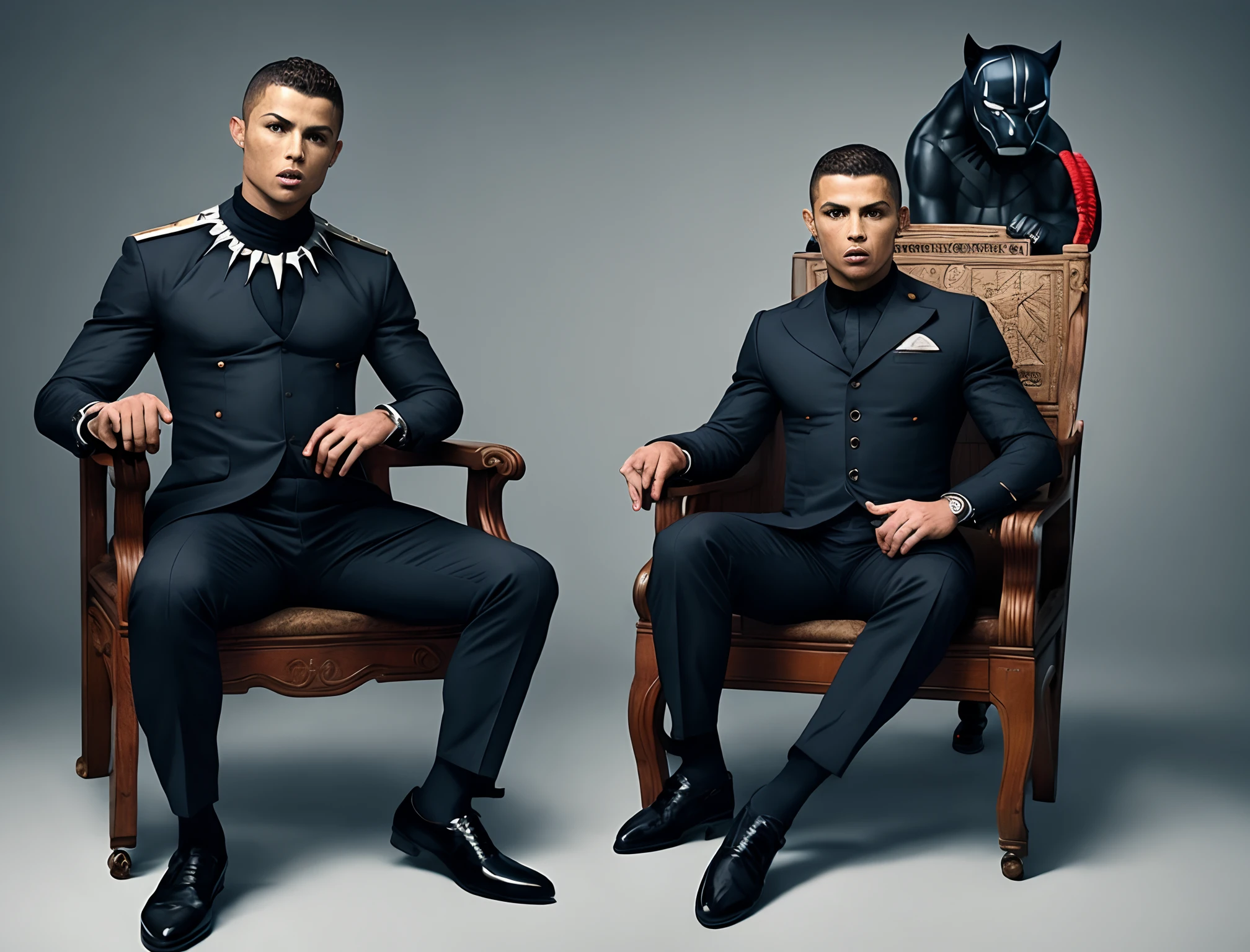 Ronaldo seated on a regal king's chair with a black panther behind him, he dressed in a sharp pant and coat, with two buttons of his shirt casually undone. The scene should exude a cinematic vibe