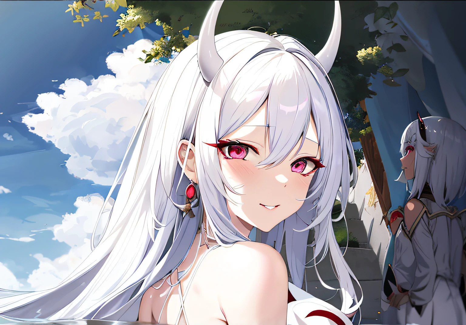 anime girl with horns and a white dress posing for a picture, white haired deity, white horns queen demon, anime goddess, seductive anime girl, demon white horns, girl with white hair, demon anime girl, white haired, perfect white haired girl, white-haired, ahegao, white cat girl, beautiful anime girl, mika kurai demon, white horns, high resolution, high res, looking at viewer, high quality, high detail, beautiful light red eyes, neutral face expression, gold colored accessories in hair