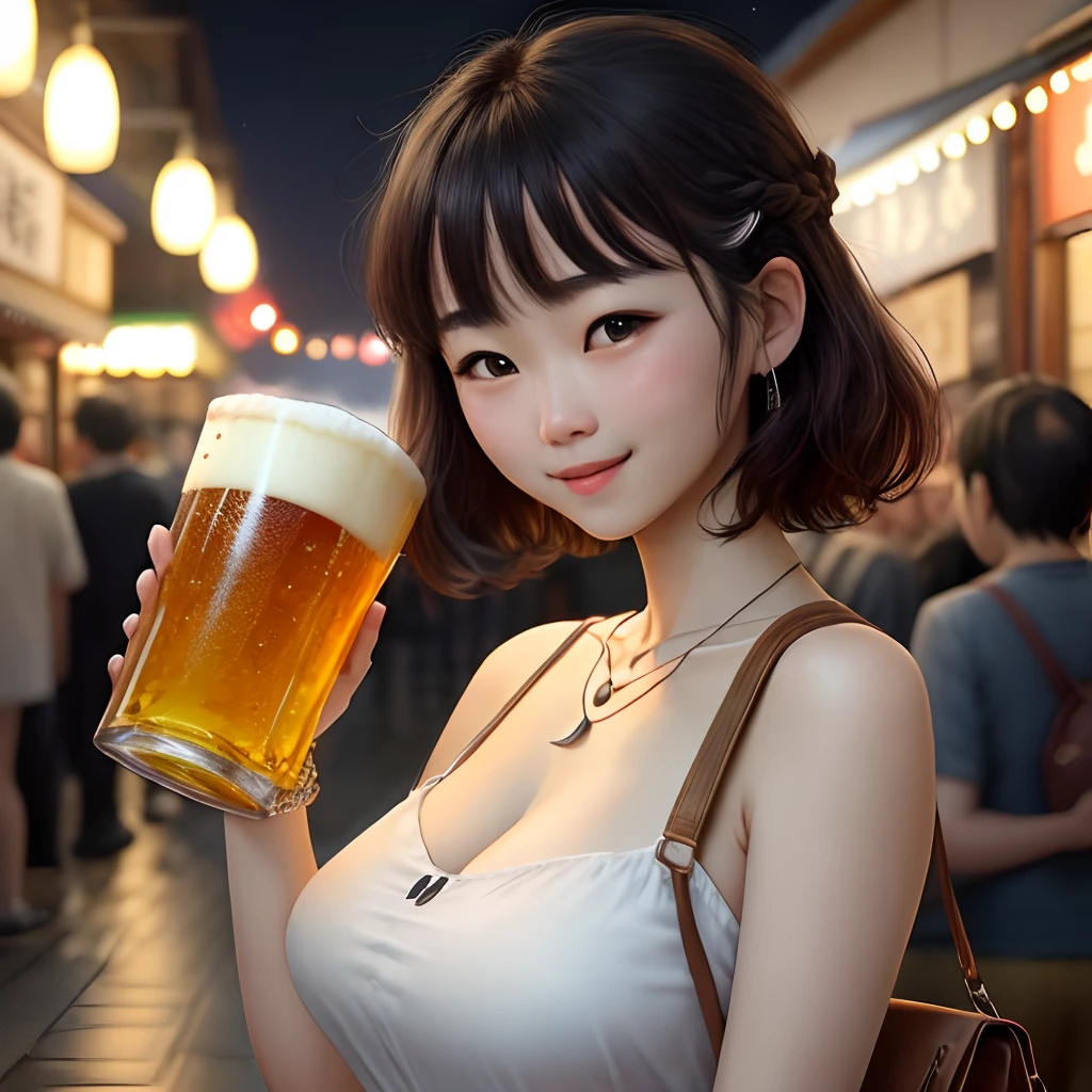 8K、top-quality、masterpiece、超A high resolution、photo-like、beautiful japanese female、Elegance、There is a good、Double eyes、Gentle face、Beauty of the wind、Moist beauty、short-cut、The eyes are far away、Transparent atmosphere、Beautiful face、Raised corners of the mouth、Tanuki face、wrist watch、a necklace、A bracelet、Gradient lighting、1girl in、Delicate skin、Look into the distance、Brown-eyed、up chest、the shape of the chest is clear,,,,,,,,,,,,,,,,,,,,,,,、very very gigantic boobs、breasts are large、Raw photography、(pureerosface_v1:0.5)、Plain One Piece、Front button、I can see my、pleatedskirt、want me、Take your eyes off、total darkness、subject、Lean、Look here、Shoulder bag、deep in the night、Ass big、big butts、bbw、Bangs shed to the side、organize your hairstyle well、short-cut、eyes to eyes、Moist beauty、Ginza、Pub at night、nighttime scene、Beer Festival、Beer Event Venues、SLR、Laugh、Angle looking down from above、look up at viewer、Looking Up、Holding a beer in hand、intoxicated、happily laughing、beer、Beer in hand、slightly drunk、Happy expression、Drinking beer、Sense of openness、Ecchi atmosphere、Drinking beer、Ebisu Beer、Get drunk in a good mood、One shoulder strap of the dress falls off.、Gills