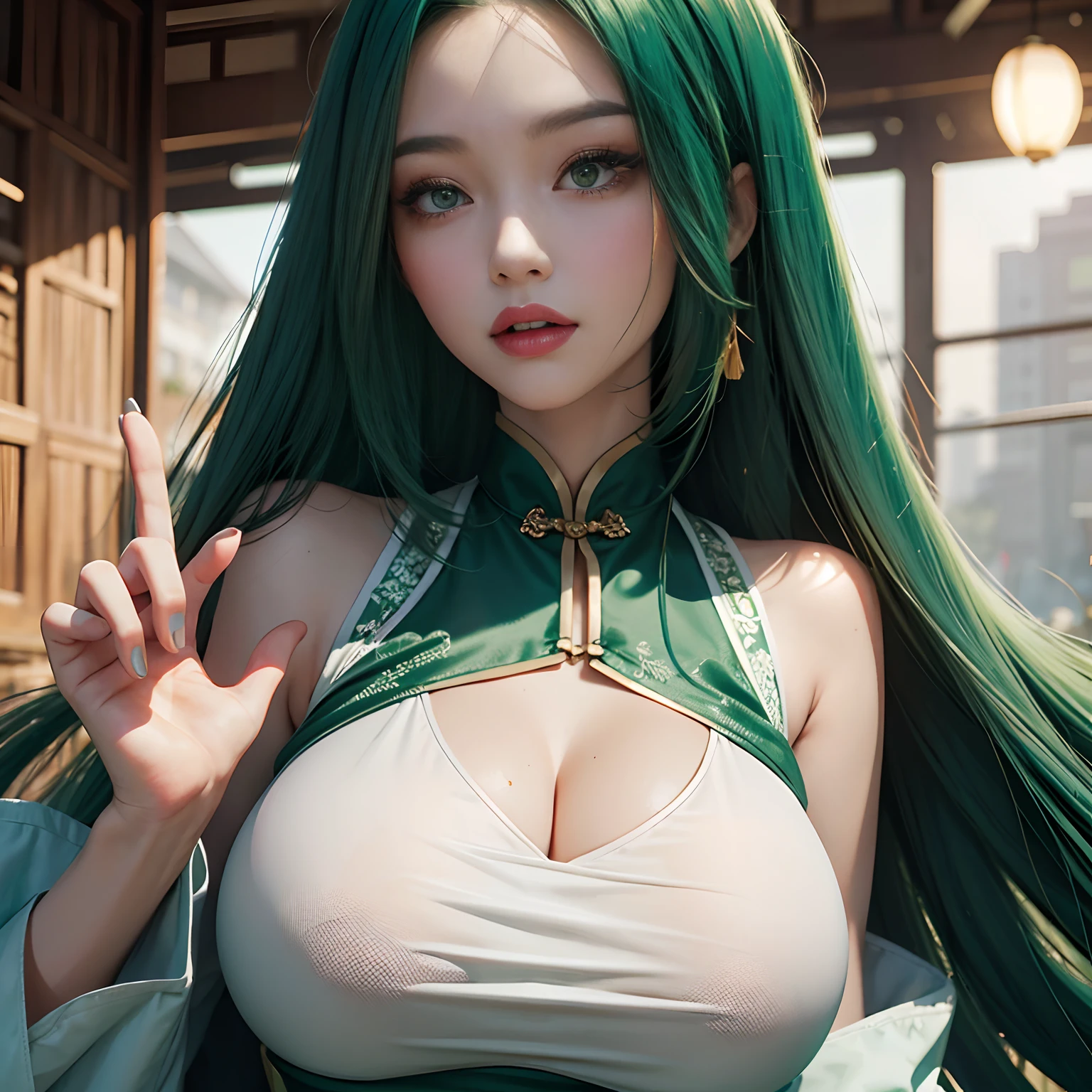 Long dark green hair，a beauty girl，quadratic element，huge tit，on cheongsam --auto