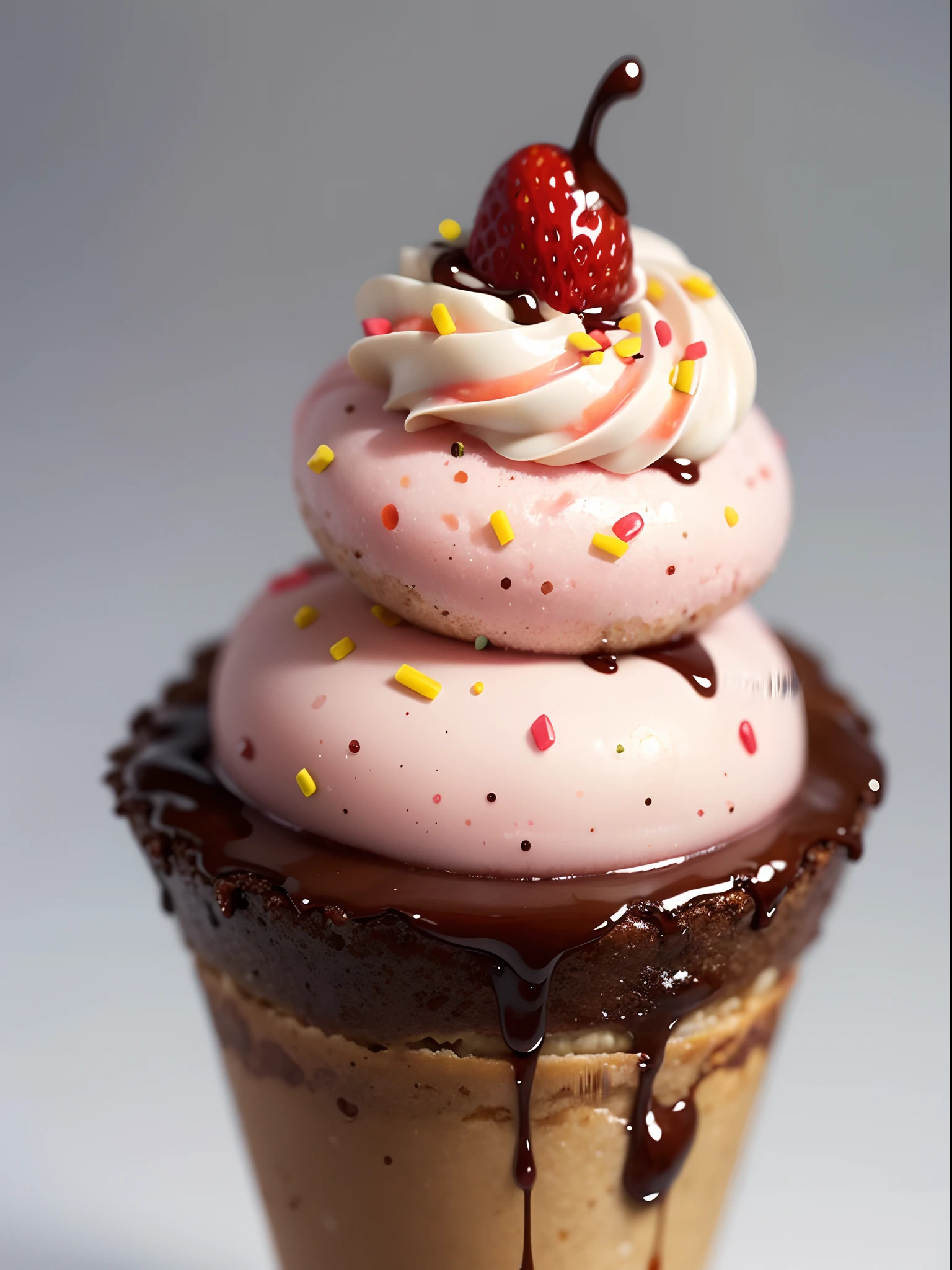 Strawberry ice cream in cone, with sprinkles on toping, chocolate sauce, delicious, simple background, (masterpiece:1.3)