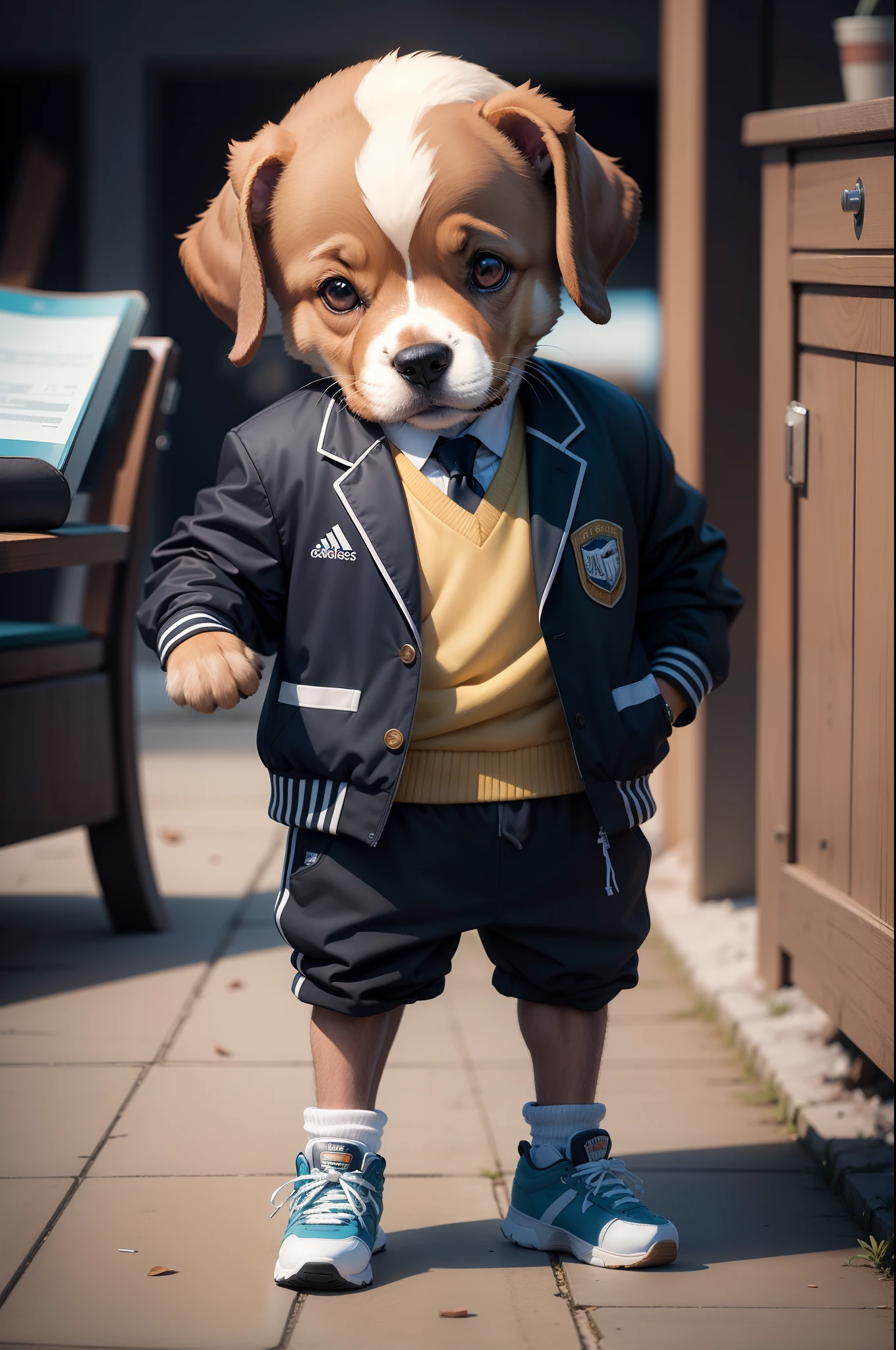 A standing puppy，Wear a sports jacket，Book in hand