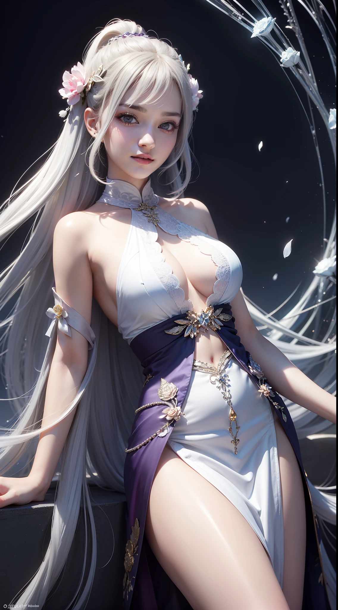 Beautiful detailed woman,very detailed eyes and faces, A detailed eye, ultra - detailed, A high resolution, The is very detailed,best qualtiy,illustratio,unified,8k 壁纸,tmasterpiece,best qualtiy,Faraway view,1girll,full bodyesbian,looki at viewer,face to the viewer,Flowing white hair,Long gray hair,black long dress,fond violet,abstract backgrounds:Gorgeous,spark of light,Random dynamic pose,Enticing smile,Surreal 8000 grams,Impeccable,tmasterpiece,professionalartwork,famousartwork,电影灯光,cinematicbloom,Perfect face,beautifulface,fanciful,dream magical,Not real,intricately details,delicate patterns