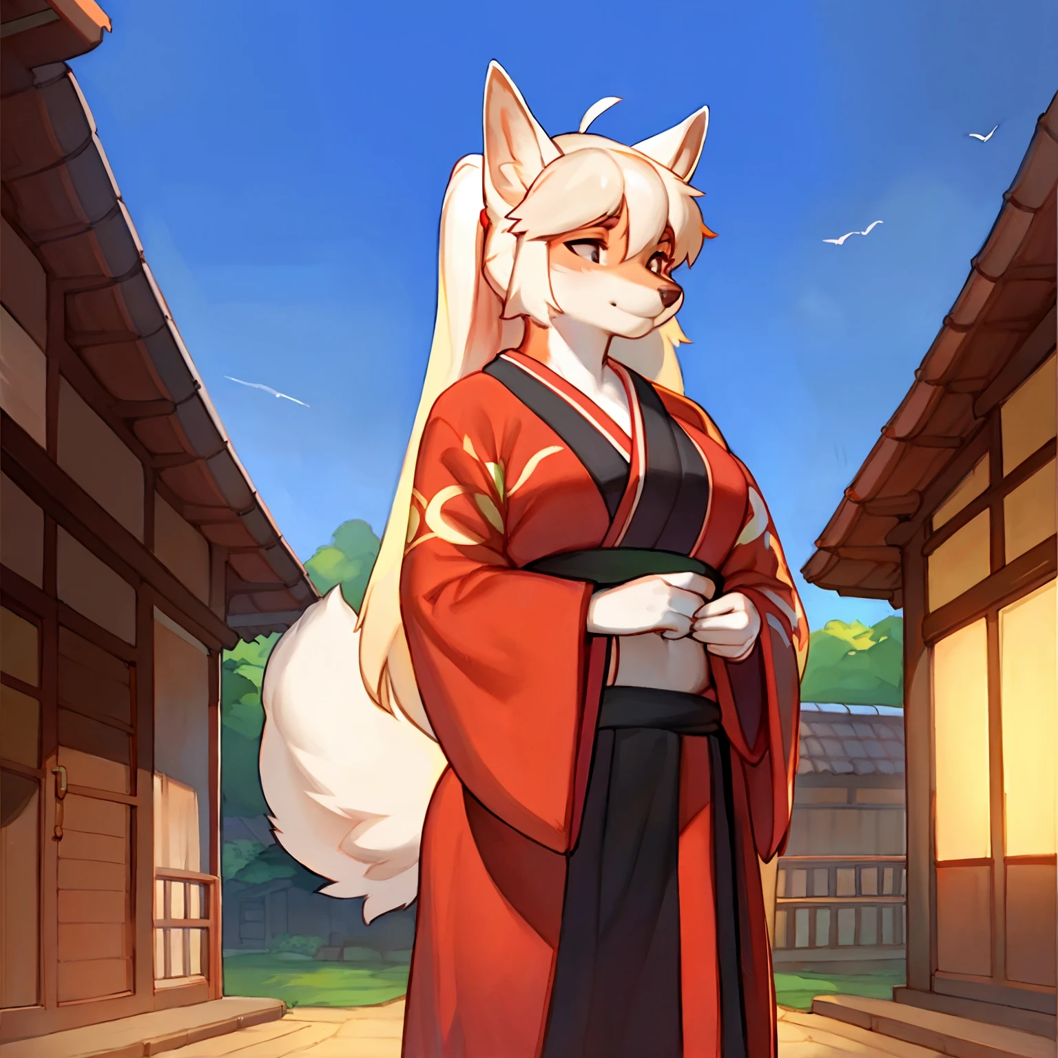 By chelodoy, by zaush, by bebebebebe, by spuydjeks, by meesh, by bigcozyorca, solo, female, fox, vulpine, (snout, hair), long hair, ponytail, Kanzashi, white fur, red elements to fur, tail, standing, white kimono, full kimono, lithe body, slim body, Japanese village.
