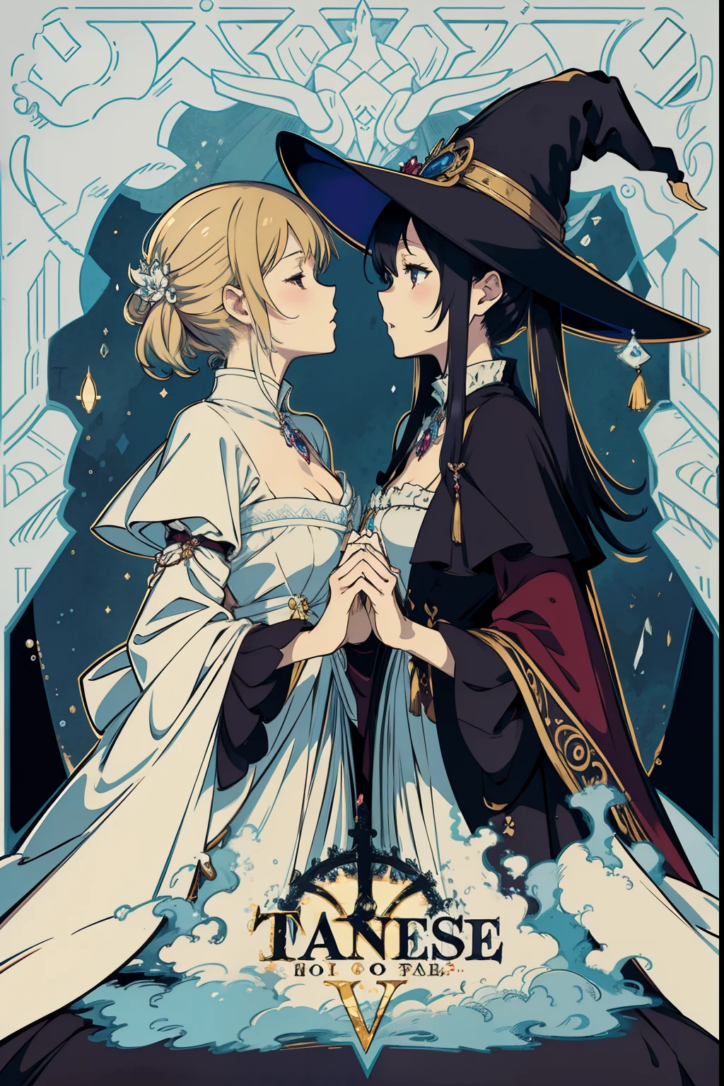 diffuselighting, fantasy, Intricate, elegant, Highly detailed, A work of art by Yoshitaka Amano,2 witch,2 girl,lesbian,french kiss