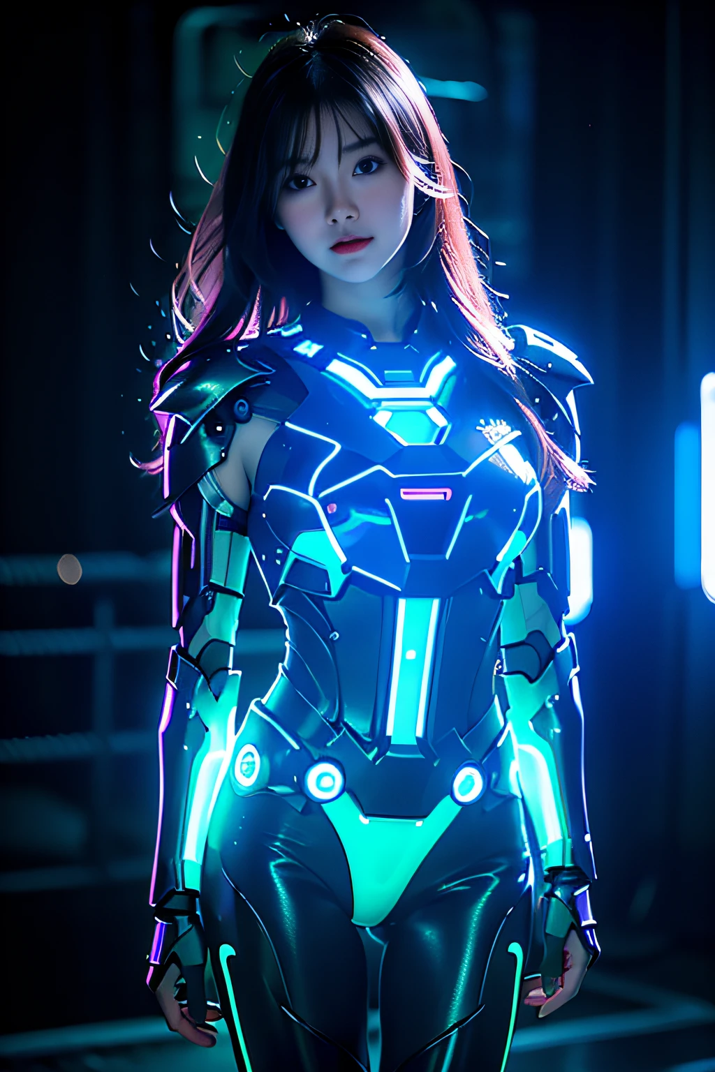 high quality, 8K Ultra HD, full body, have a cyber saber, a mesmerizing 20-year-old woman with a futuristic beauty that seems to transcend time and space, intricately woven into her very being, encased in the cybernetic suit, move with fluidity and precision, Her flowing hair resembles streams of neon lights, casting a vibrant glow that adds a touch of cyberpunk brilliance to her appearance, Each strand of hair is meticulously crafted with holographic patterns that shimmer and shift, creating an ever-changing display of colors, by yukisakura, highly detailed,