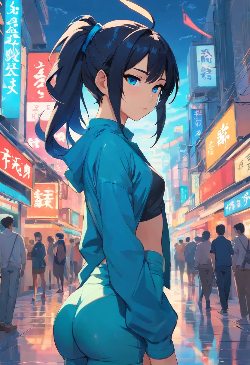 Full body Asian cyber dragon girl with ponytail. Black hair and blue eyes. Clothes like Catwoman.