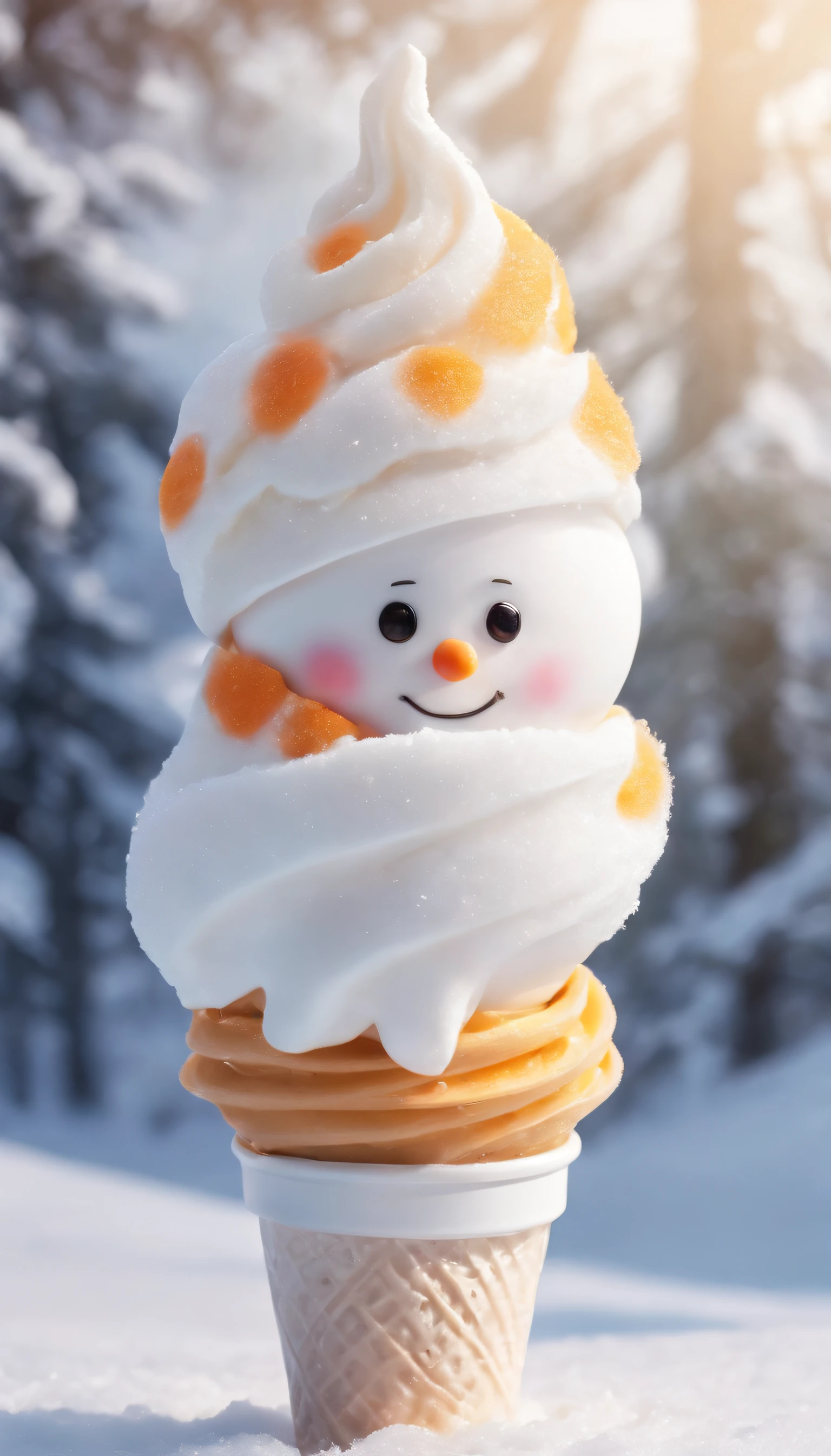 ((Soft serve ice cream with snowmen, mountain huts and forest toys、Girl snowboarding on cream、Reproduce them whole on top of a snow-white soft-serve ice cream)):1.5、Realistic,ultra-detailliert,super detailed skin,light glow,Film grain,Expro II,Lens Flare,Sharpen,cinematic shadow