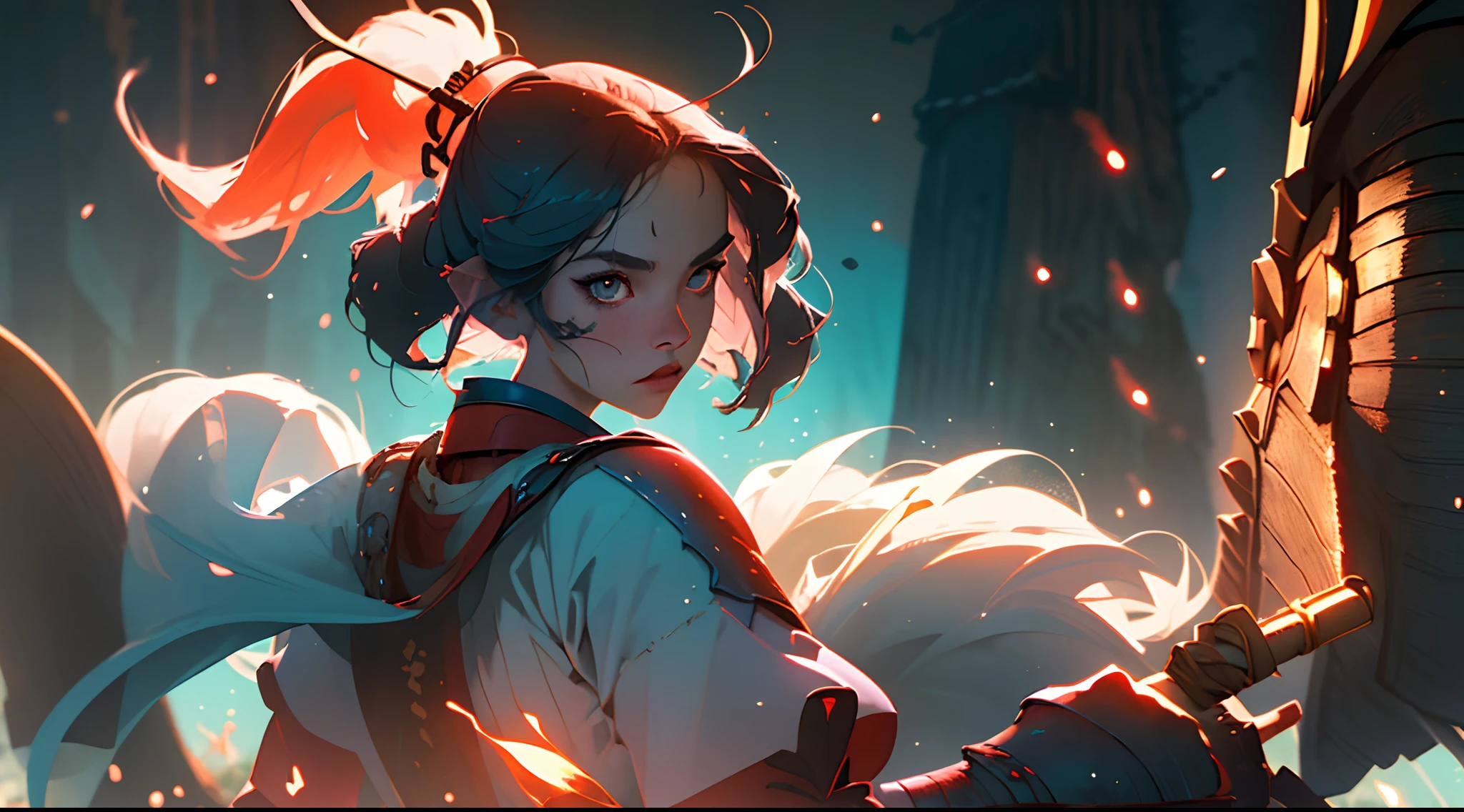 (best quality, masterpiece), 1girl, samurai, particle, wind, looking at viewer, fox ear, monsters in background, backlighting, upper body, pose