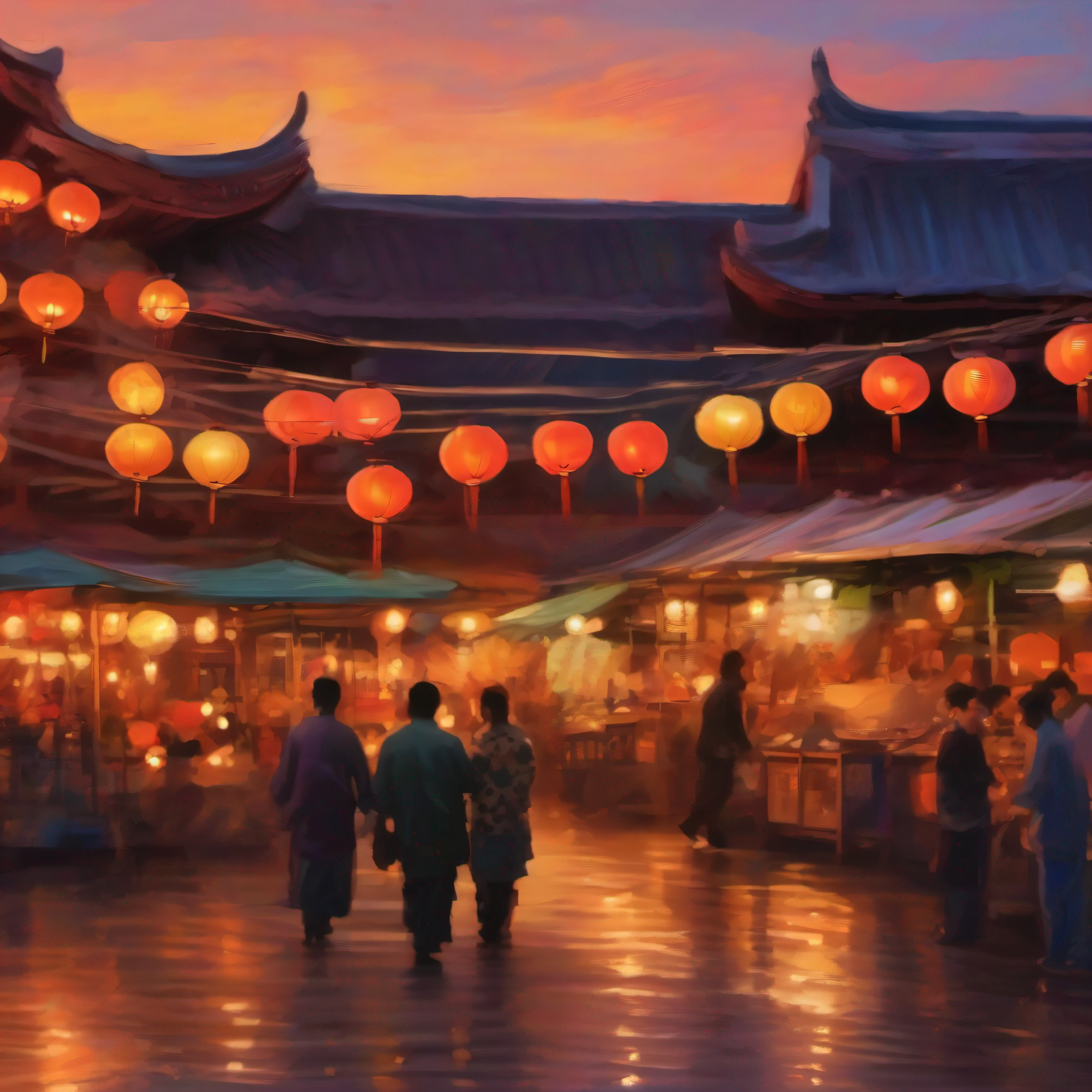 asian night market, sunset, 3 lantern, oil painting style