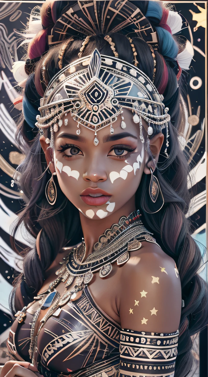 coloring book page, Preto e branco, 32k, whole body view, muito bonita tribal marrom pele  com excesso intrincadamente detalhado vividamente colorido facepaint bodypaint maquiagem, Olhos Deslumbrantes e Radiante, lindos cabelos brancos com destaques, Magic night sky background