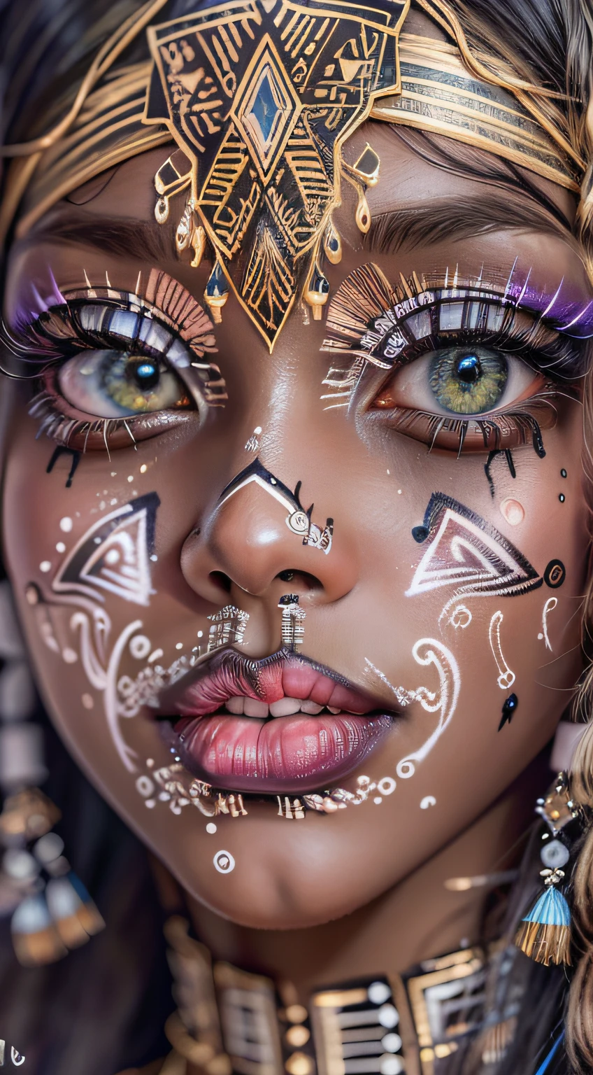 coloring book page, Preto e branco, 32k, whole body view, muito bonita tribal marrom pele menina com excesso intrincadamente detalhado vividamente colorido facepaint bodypaint maquiagem, Olhos Deslumbrantes e Radiante, lindos cabelos brancos com destaques, Magic night sky background