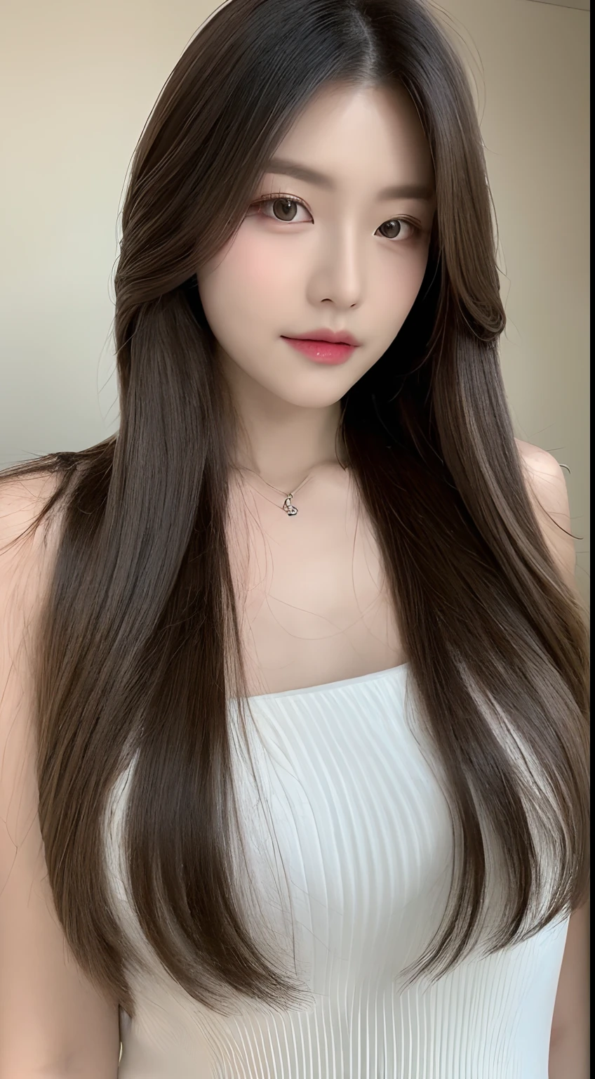 ((Realistic lighting、top-quality、8K、masterpiece:1.3))、Clear focus:1.2、1girl in、flawless beauty:1.4、、Neat and clean clothing、One-piece clothes、Superfine Face、Narrow-eyed、二重まぶた、lighting like a movie、photos realistic、28 year old、Face like a K-pop idol、white backgrounid、Gray background、Mature Woman、Classy makeup、Angle of pull、length hair、Longhaire、Long hair、Straight hair、Korea person、Rolled hair