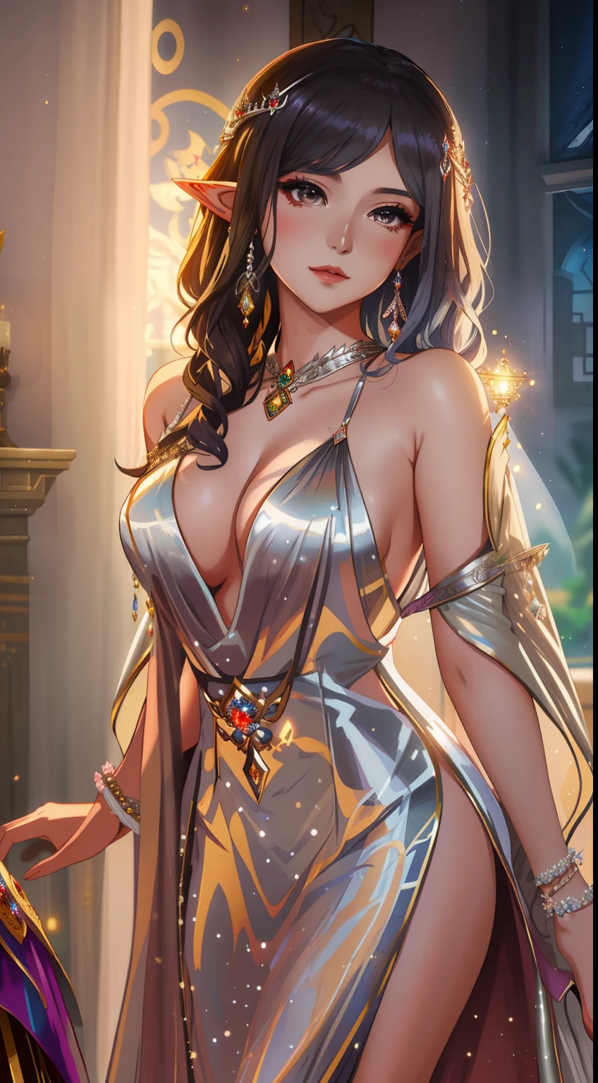 An Areali woman in a silver dress poses in the room, ((a beautiful fantasy empress)), a beautiful fantasy empress, Fantasy Woman, fantasyoutfit, dreamy dress, Beautiful goddess, Anime goddess, fantasy beautiful, beautiful age girl, elegant glamourous cosplay, dreamy dress, goddess queen, by Yang J, beautiful and elegant elf queen, sakimichan, Japanese goddess