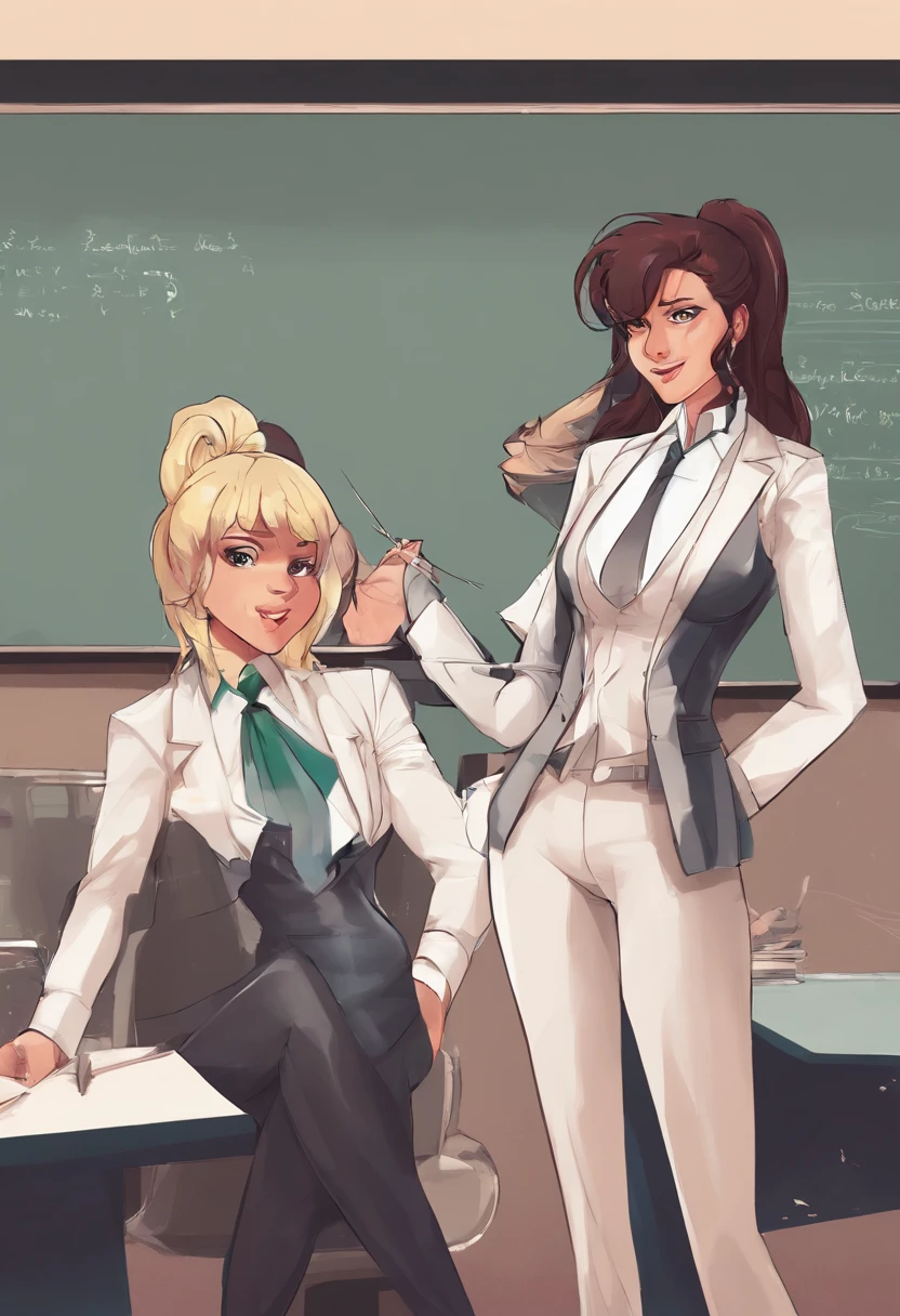 Milf Trio of suit, erotic pose, horny expression, with class room background