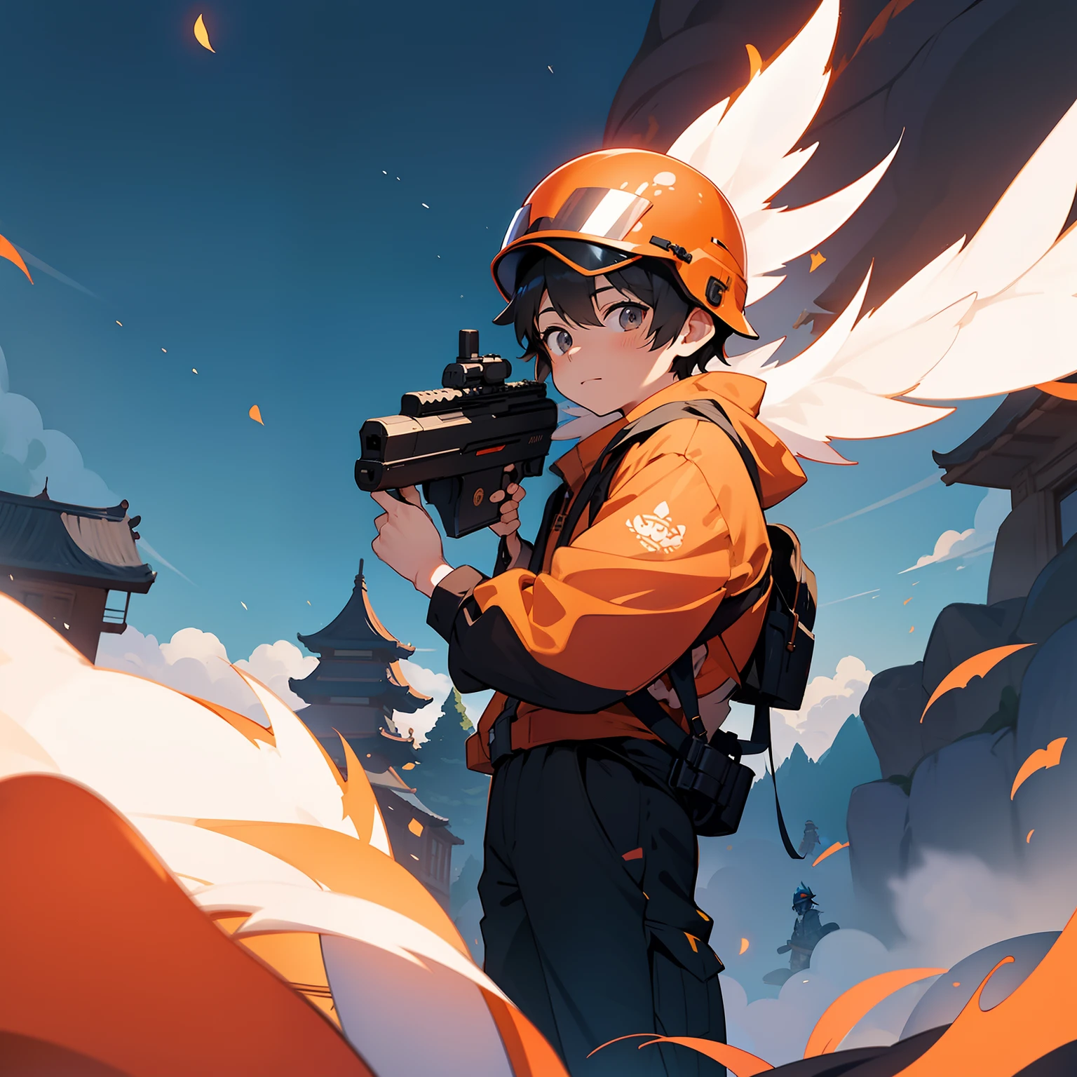 独奏、(ember)、High school students、Shooting、is standing、Background black、Wearing a helmet、Wear goggles、cute little、(illustratio)、((a boy))