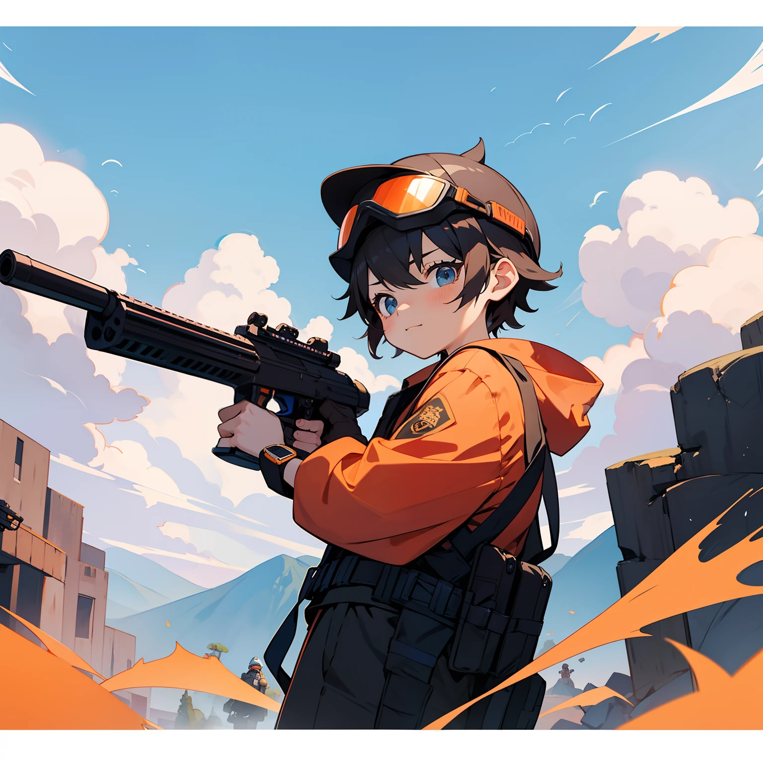 独奏、(ember)、High school students、Shooting、is standing、Background black、Wearing a helmet、Wear goggles、cute little、(illustratio)、((a boy))
