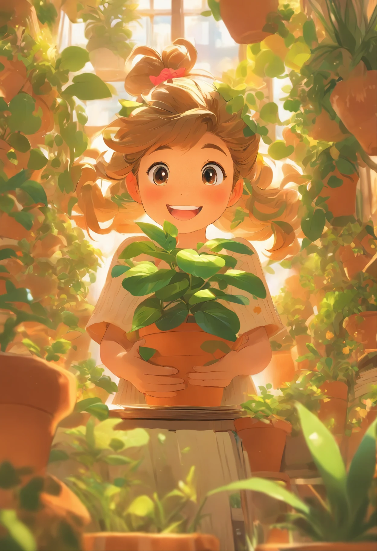 one book,Little girl holding up a picture of a potted plant, in the style of detailed character illustrations, lilia alvarado, Playful cartoon illustration, honeycore, Close-up, Digital illustration