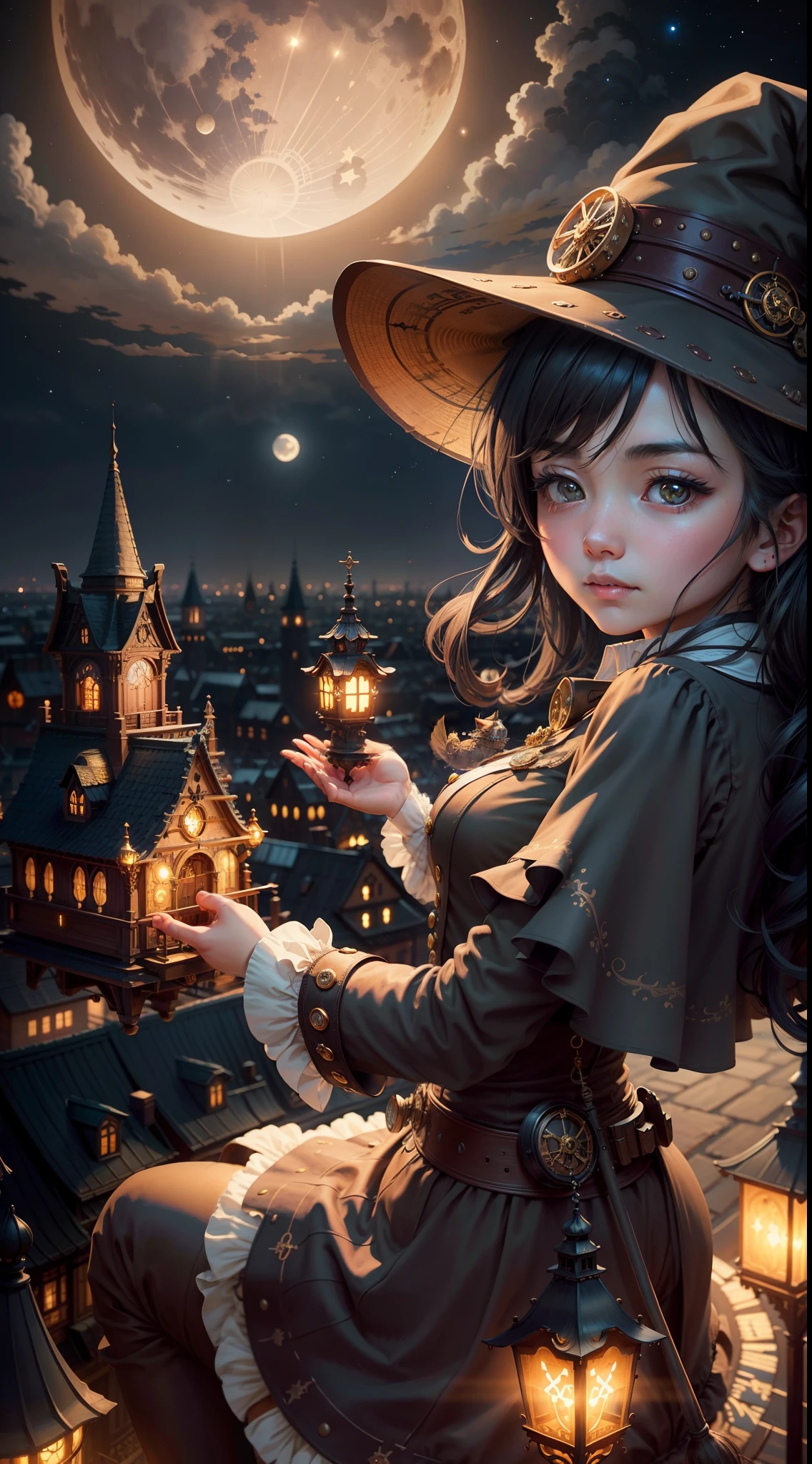 Above the steampunk townscape、Cute witch flying on a broom。Night sky in the background。Big Moon。