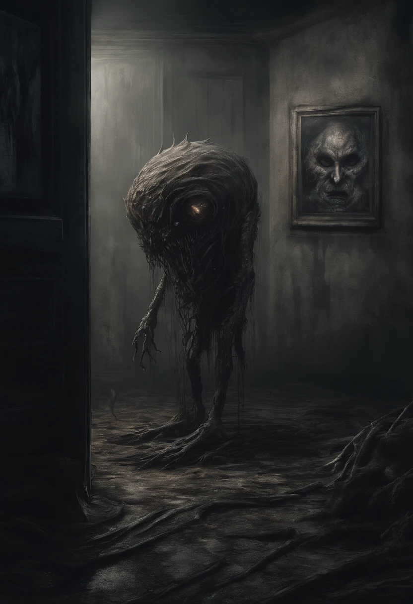 a little girl is standing next to an image of a monster in a dark room, in the style of soft brushstroke realism, dystopian landscapes, mote kei, dark brown and gray, cabincore, drip painting, 8k resolution,