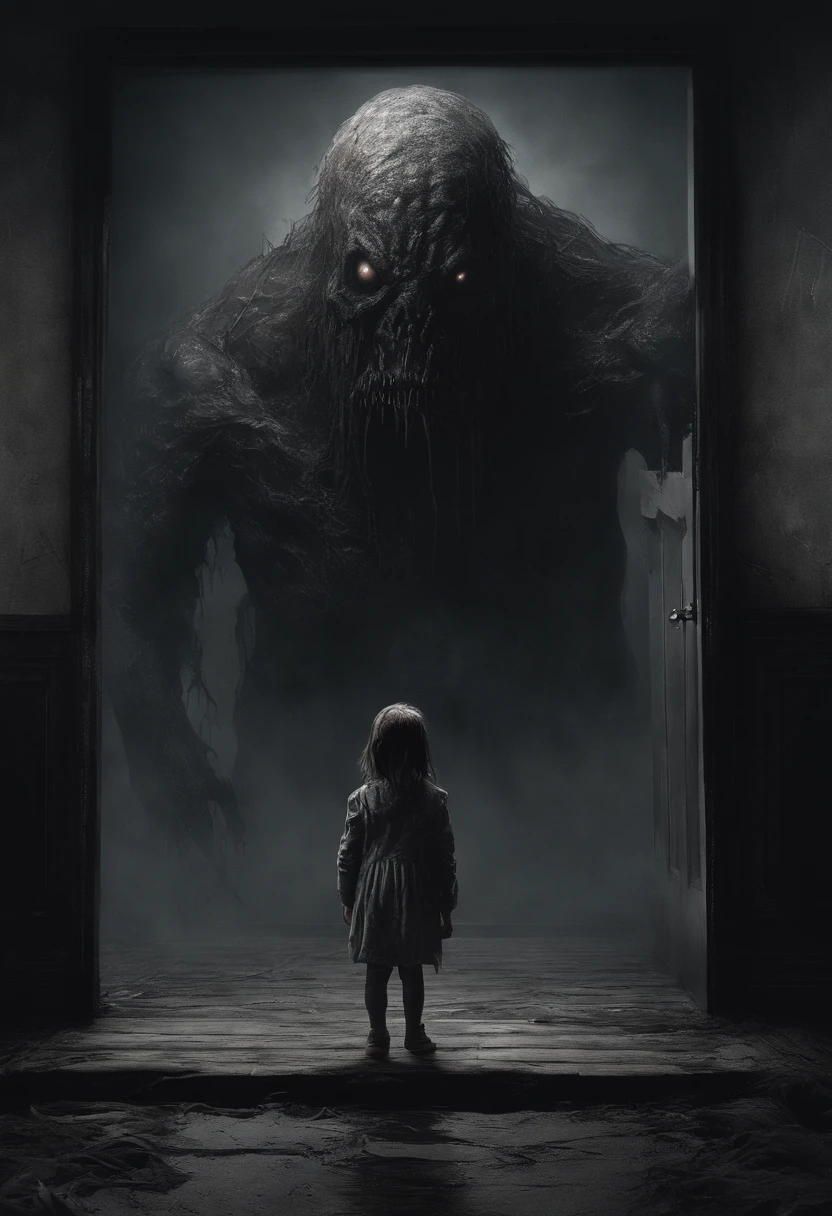 a little girl is standing next to an image of a monster in a dark room, in the style of soft brushstroke realism, dystopian landscapes, mote kei, dark brown and gray, cabincore, drip painting, 8k resolution,