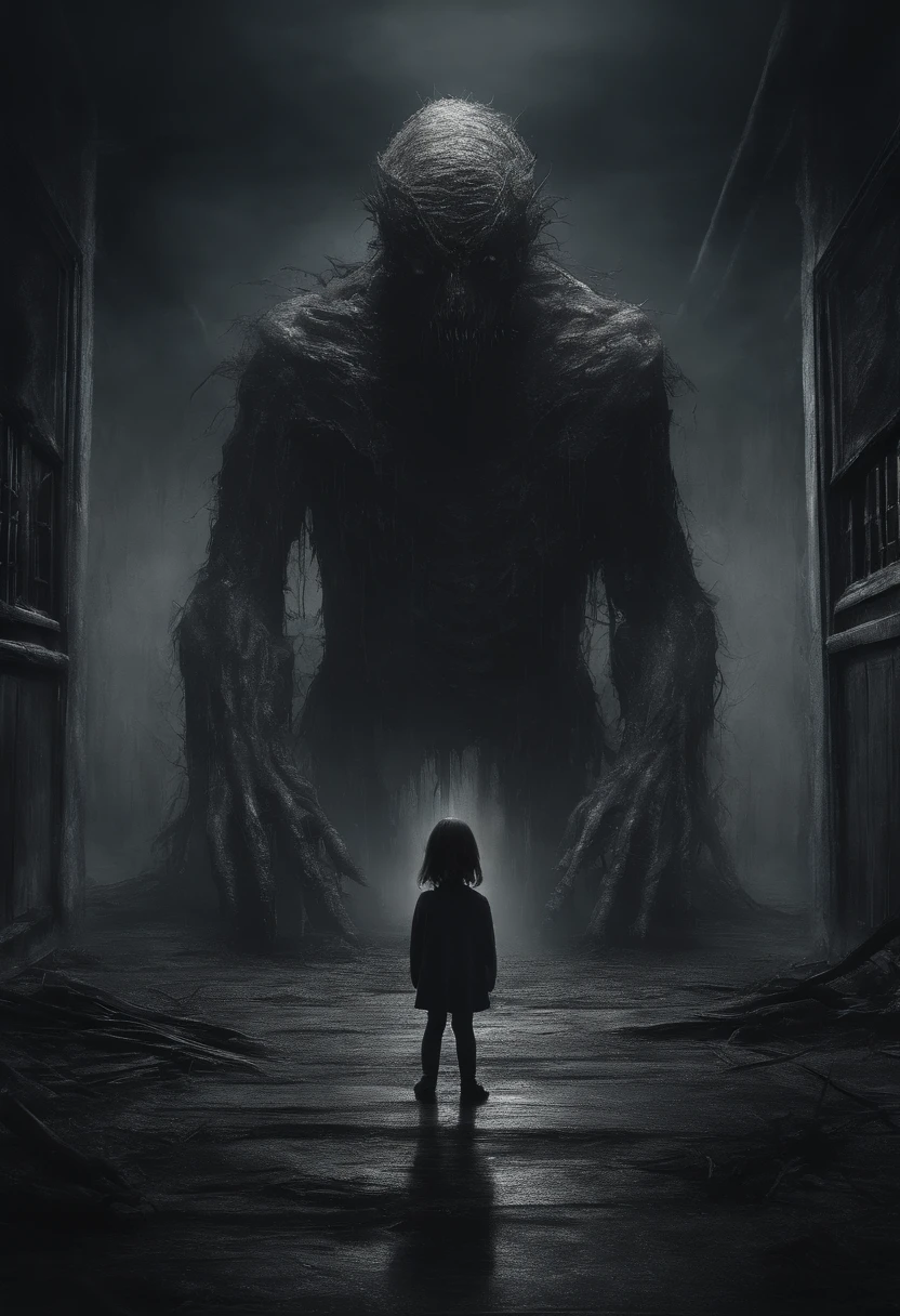 a little girl is standing next to an image of a monster in a dark room, in the style of soft brushstroke realism, dystopian landscapes, mote kei, dark brown and gray, cabincore, drip painting, 8k resolution,