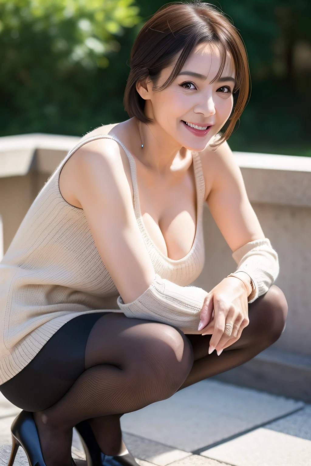 gravure, from the chest up, masutepiece, Best Quality, Ultra-detailed, Photorealistic, super detailed skin, Perfect Anatomy, (1 japanese mature woman), (Solo), sixty years old, (Wrinkles at the corners of the eyes:1.3), Large breasts, A MILF, glamor, A sexy, Chromo-white skin, Looking at Viewer、Super large udder、Sleeveless knitwear、Tight Fit Knitted Dresses、Muchimuchi、Black pantyhose、high-heels、Smile、Squatting、Public places